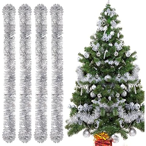 Bluelves Silver Christmas Tinsel, 4 Pcs 3 Meters Xmas Thin Tinsel, Tinsel Christmas Tree Decorations, Silver Tinsel Garland for Christmas Party Indoor and Outdoor Decorations Cover