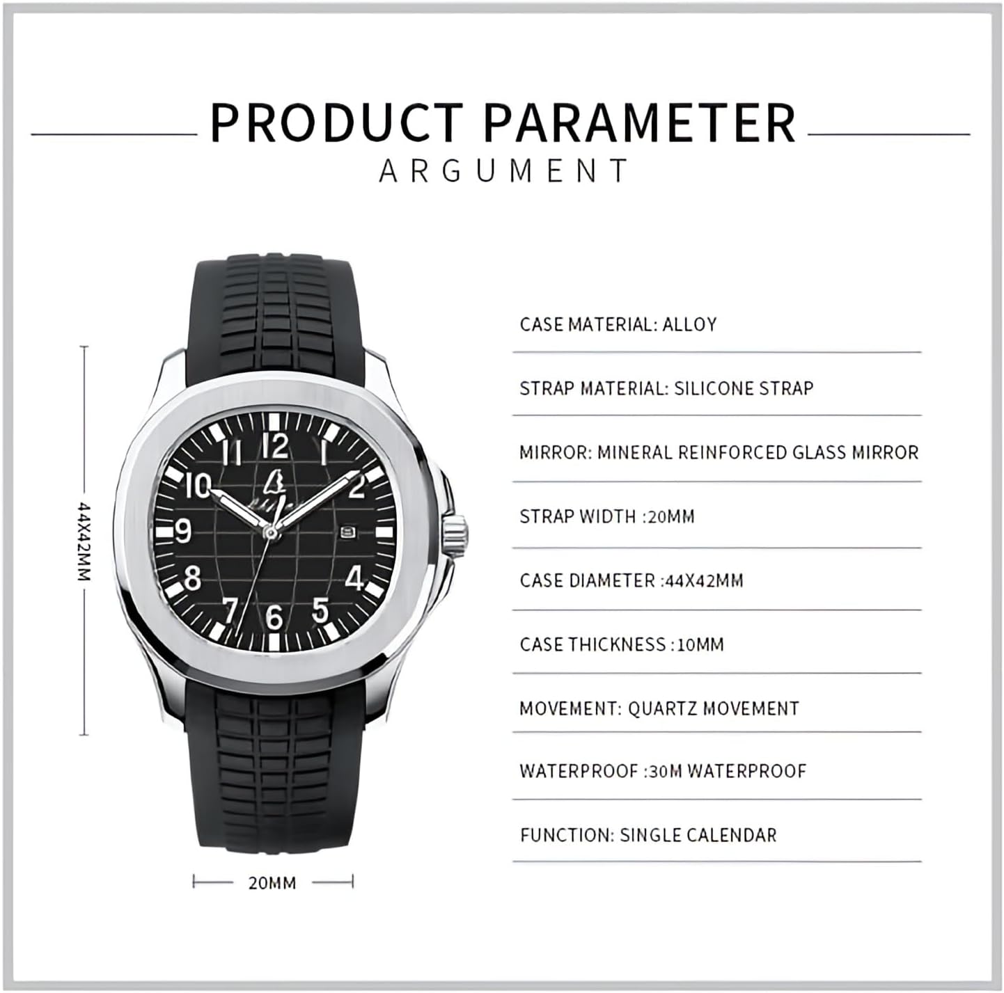 Blekon Collections Men's 44mm Quartz Watch, Comfortable Silicone, Leather Strap, Luminous Hands & Numbers, Easy-Read Date Display, Sleek Round Dial – Perfect for Everyday Wear