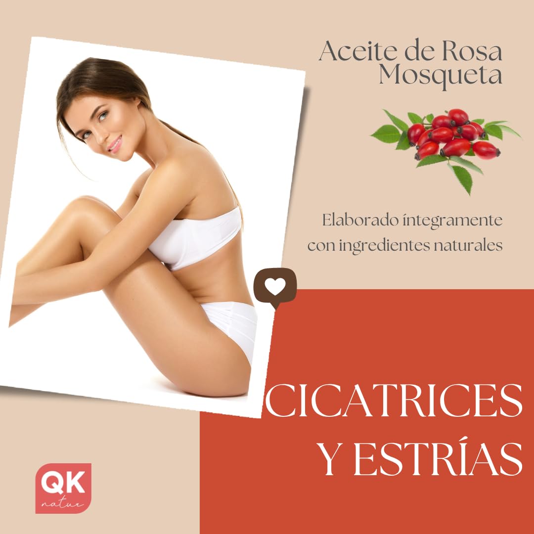QKnatur - Aceite de Rosa Mosqueta Orgánico - 250 ml - para Cicatrices y Estrías - Para cara y cuerpo - Antiarrugas y Antiedad- BIO y Vegano - Prensado en Frío