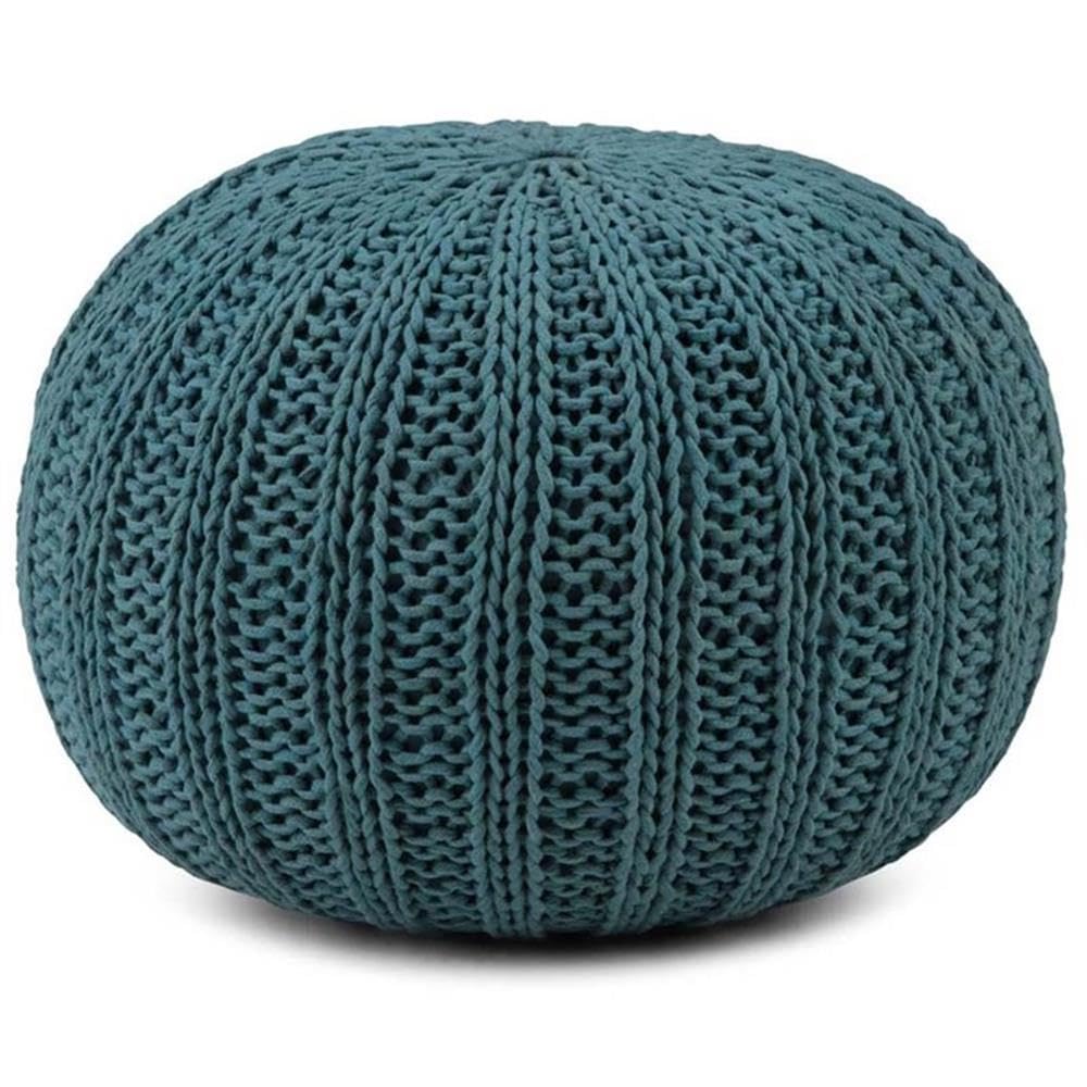 SIMPLIHOME Shelby Boho Round Hand Knit Pouf in Teal Cotton for the Living Room, Bedroom and Kids Room