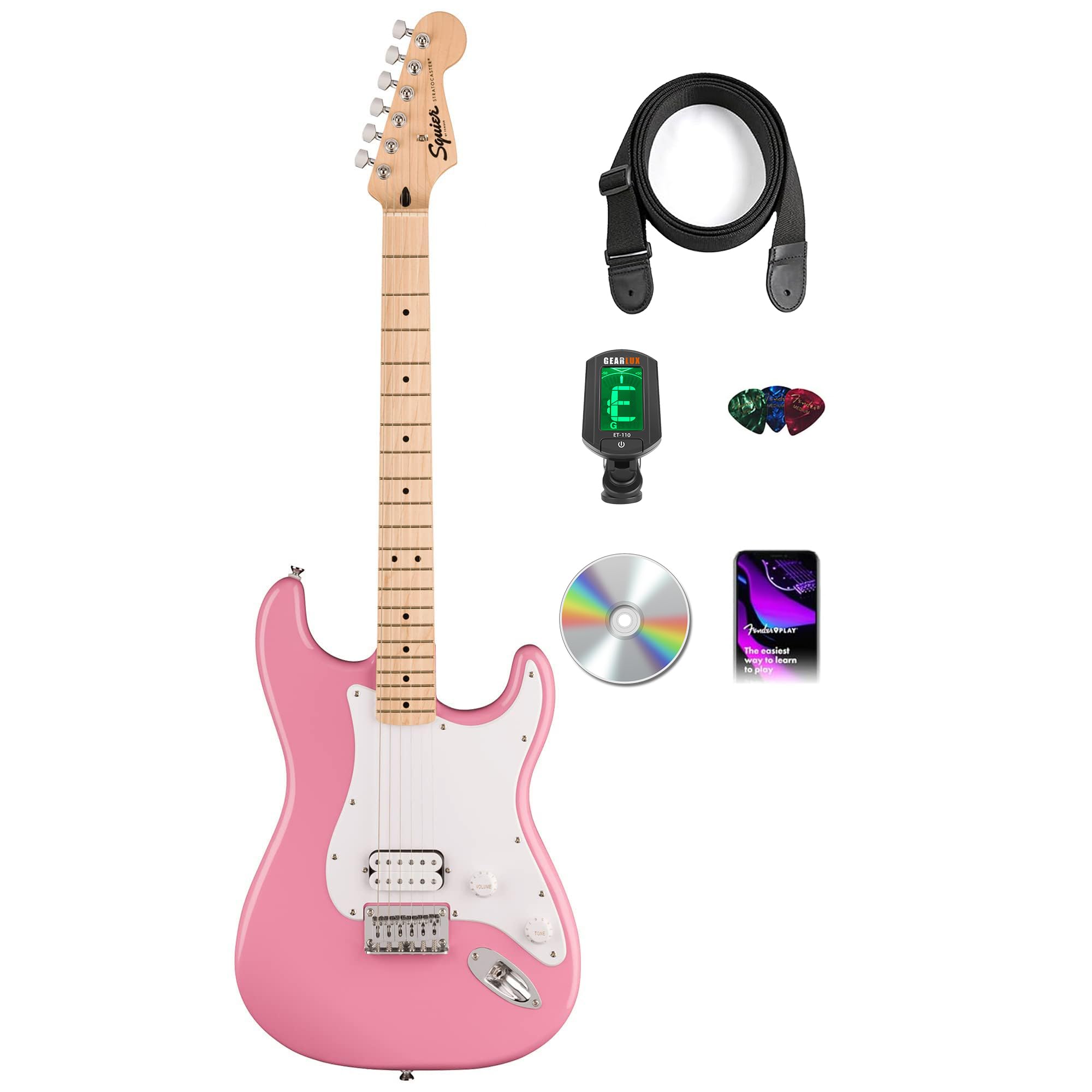 Fender Squier Sonic Stratocaster HT H - Flash Pink Bundle with Tuner, Strap, Picks, and Austin Bazaar Guitar DVD
