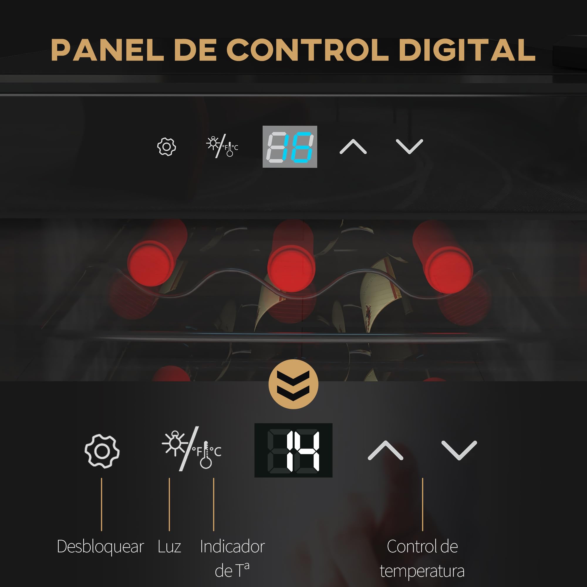 HOMCOM Nevera Vinos 18 Botellas 50L Vinoteca con Luz LED Interior Pantalla LED Táctil Digital Control de Temperatura Puerta de Vidrio Anti-UV y 5 Estantes de Metal Negro