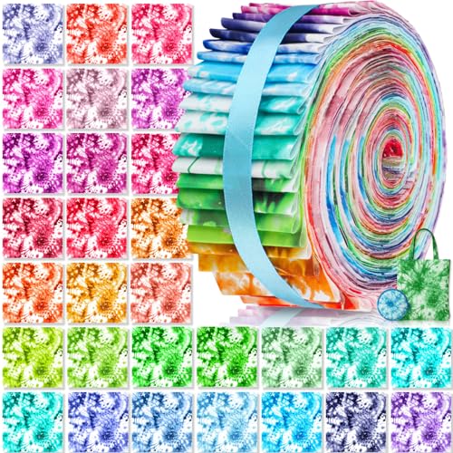 Hahafelt 60 Pcs Spring Floral Quilting Fabric 2.6 x 40' Cotton Fabric Strips Bundles Precut Patchwork for Craft Sewing(Tie Dye)