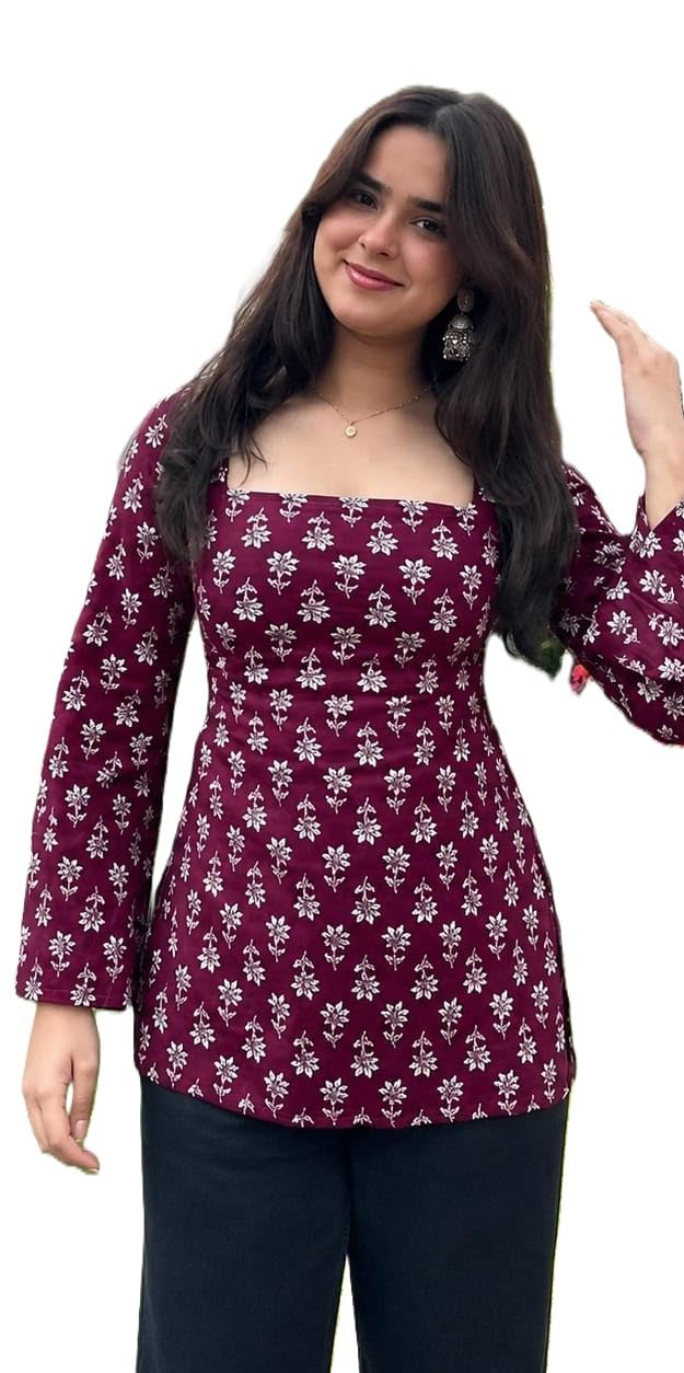 Women's Red Embroidered Short Kurti, Square Neck, Long Sleeves, Flared Peplum Style Top-image-42