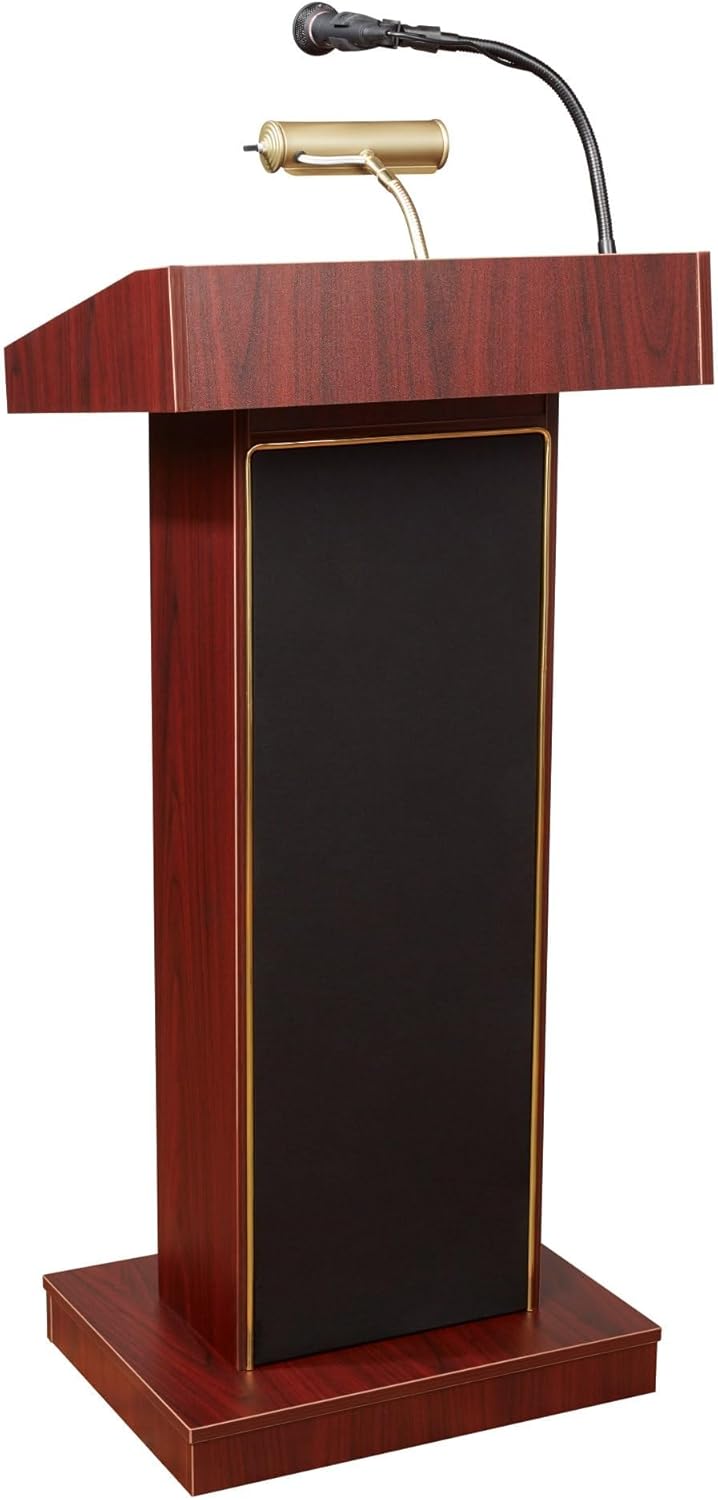 Pemberly Row Sound Lectern with Wireless Handheld Microphone, 40W Amplified Podium with Lamp, Casters & Multimedia Inputs, Mahogany