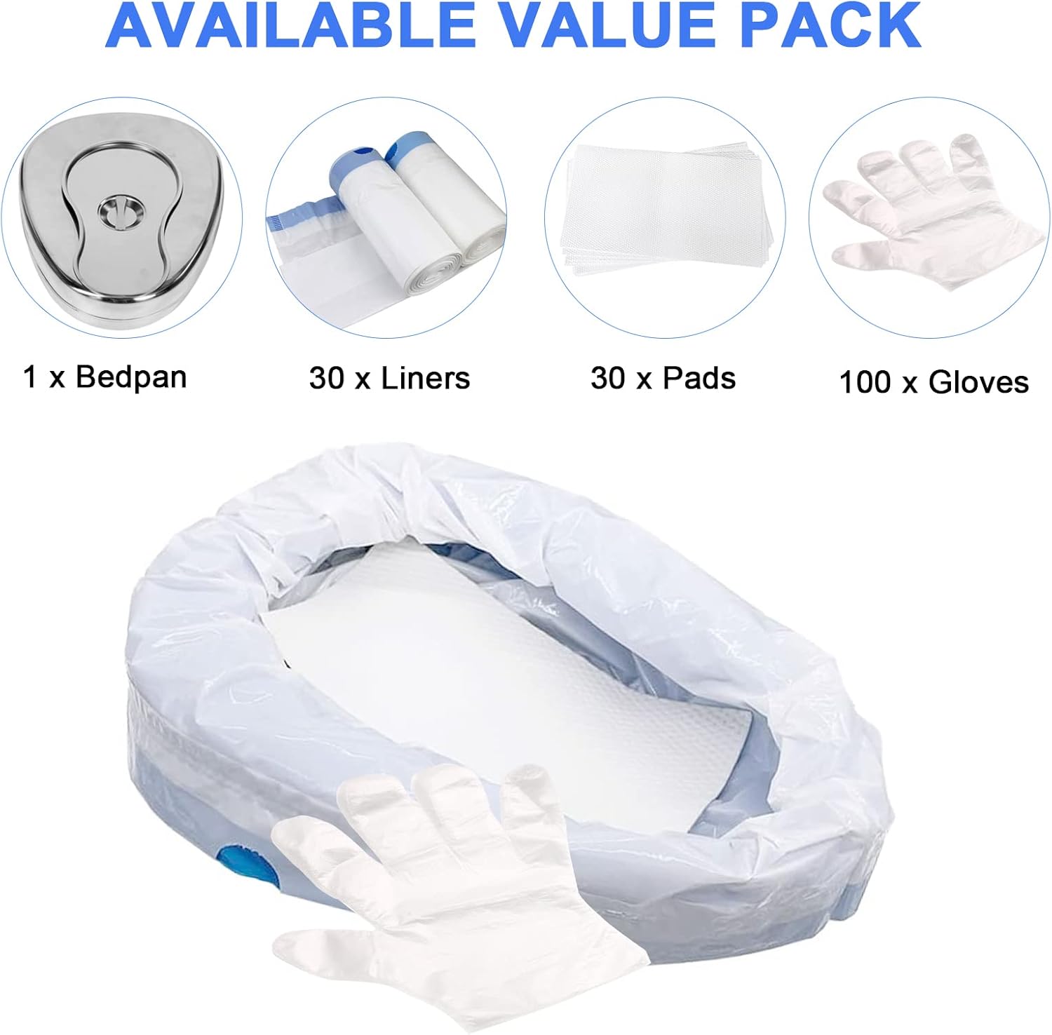 Stainless Steel Bed Pan for Elderly Females Heavy Duty Bedpan Set with 30 Liners Disposable and Super Absorbent Pads Thick Large Bed Pans with Lid for Men Women Home Use