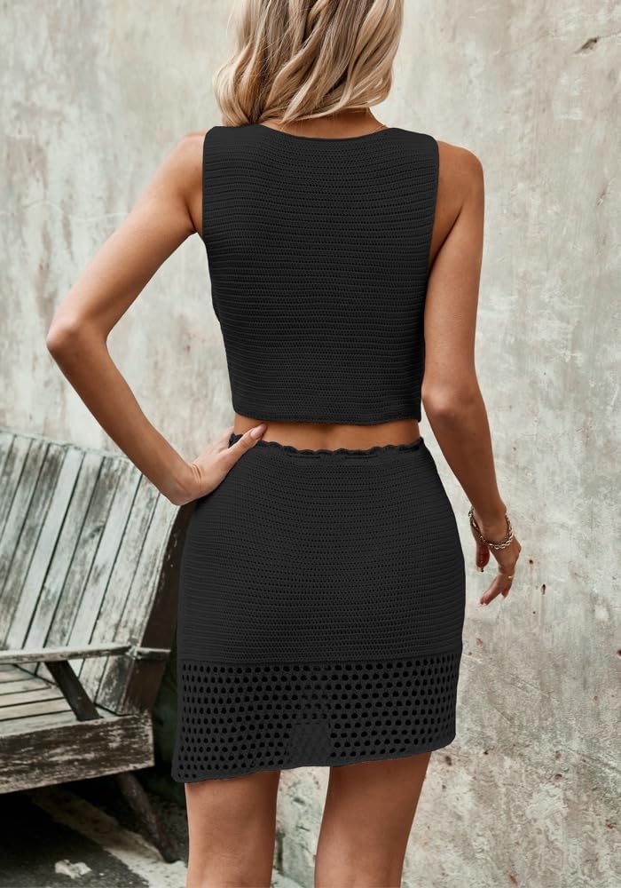2 Piece Sets for Women Summer Crochet Hollow Out Knitted Skirt V Neck Crop Top Vest Vacation Cruise Outfits