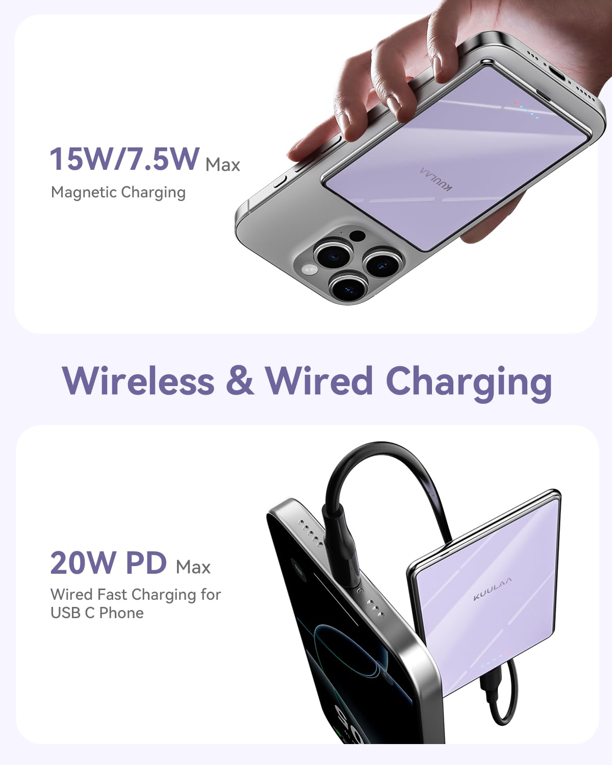 Kuulaa Ultra-slimme Magsafe Powerbank – 5000 MAh, 7,2 Mm Dik – Draadloos En 20W USB-C Snelladen – Voor IPhone 16/15/14/13/12 (MagSafe)