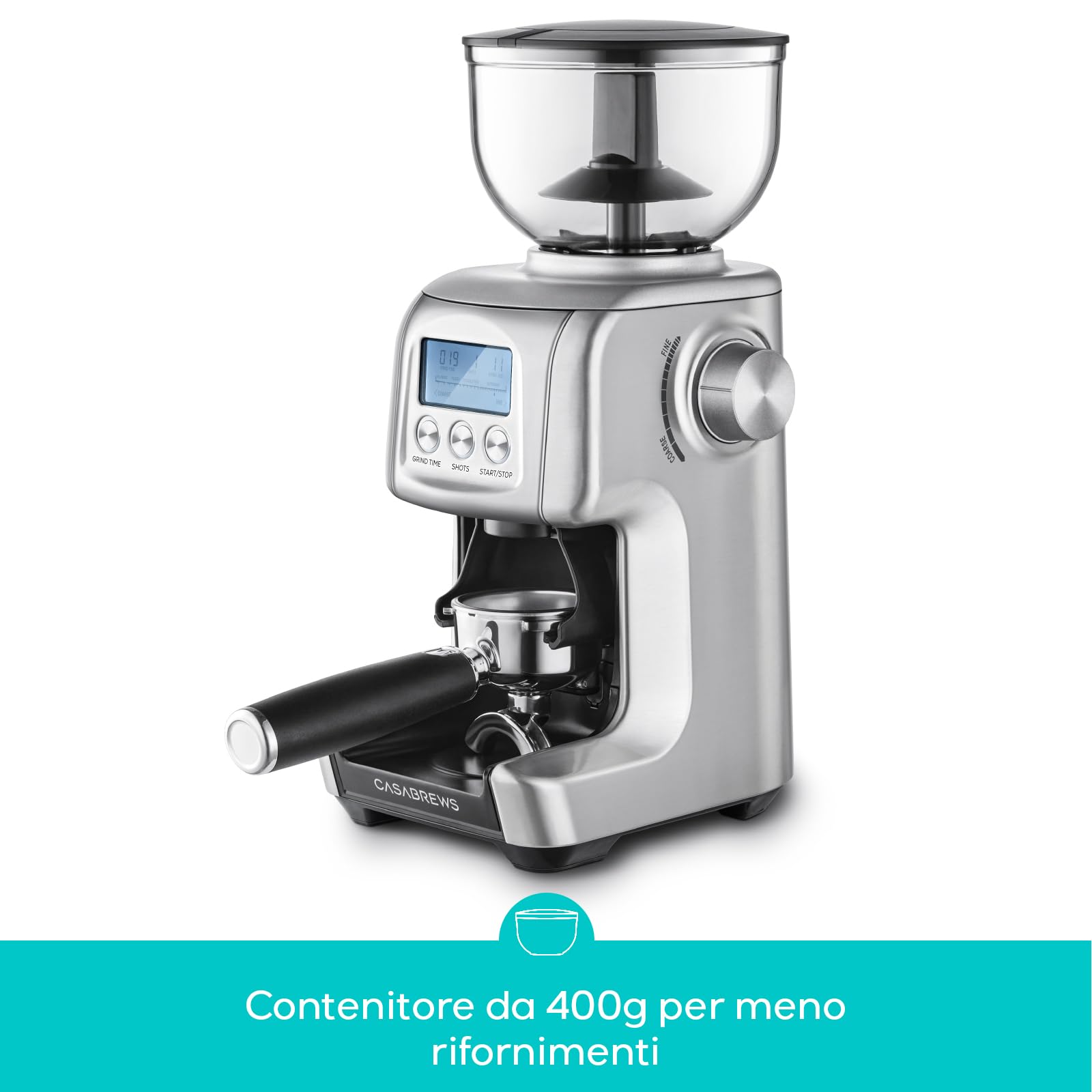 CASABREWS Macinacaffè Elettrico a Cono con 77 Livelli di Macinatura, Display LCD, Contenitore per Chicchi da 400g, Macina Caffè per Espresso, Portafiltro, French Press e Acciaio Inossidabile