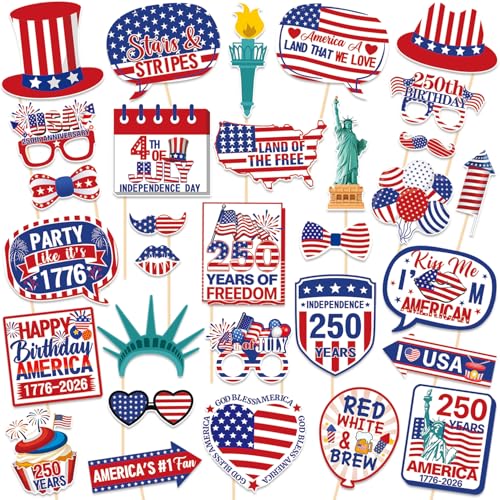 YEIRFYY 32 Pieces 4th of July Photo Booth Props 250 Years American Independence Day Photobooth Sticks Red White Blue Happy Fourth of July Patriotic Party Decorations