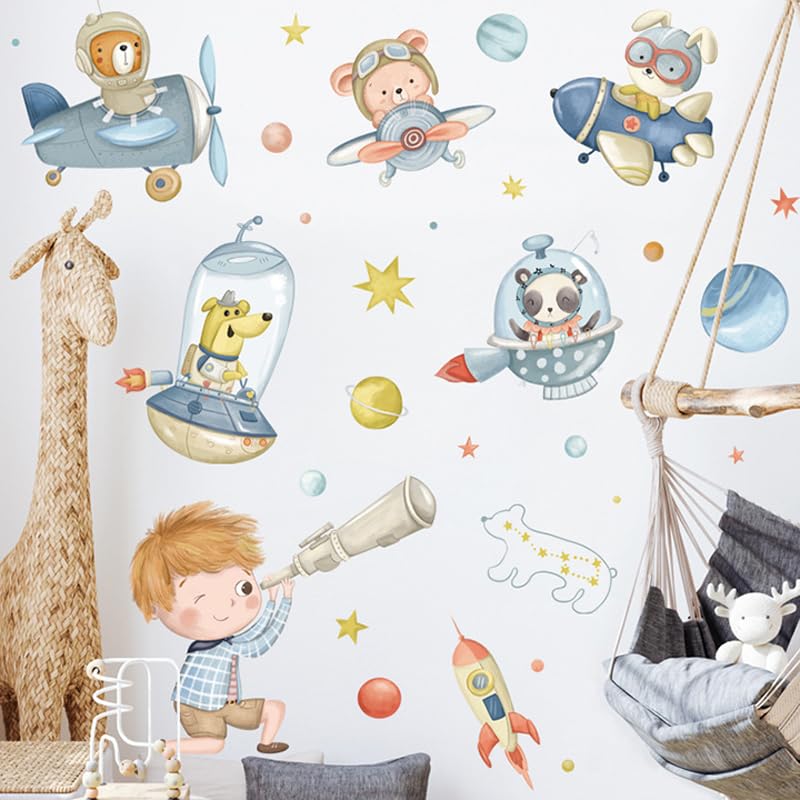 Image of Cute Giraffe Bear and Rabbit Musical Space Adventure Wall Stickers for Kids Room Bedroom Living Room Door Study Boho Nursery Wall Decoration for Baby Boy Girl Room Decor
