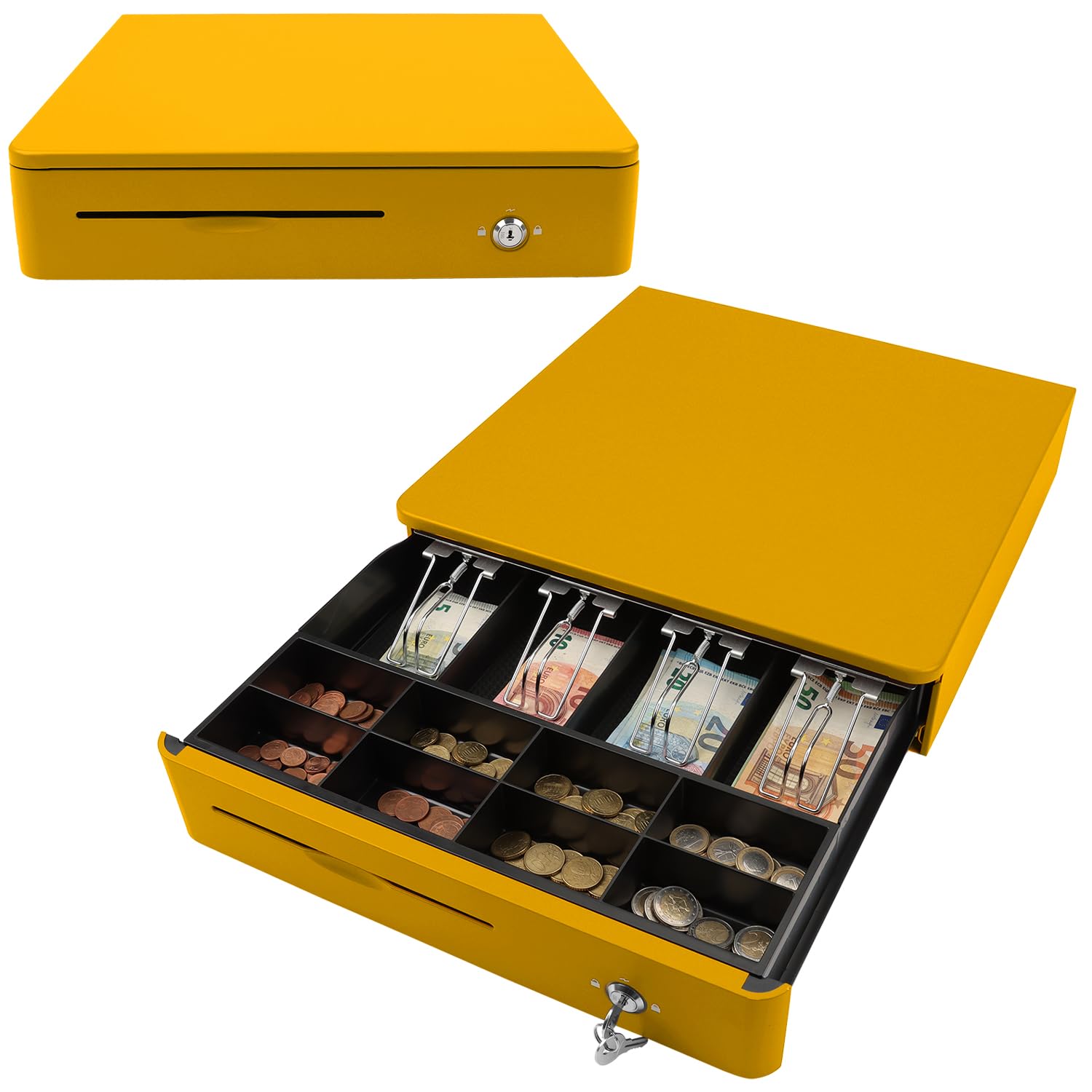 Olympia M 405 amarillo | Cajón para efectivo con 8 compartimentos para monedas y 4 compartimentos para billetes | robusta base de metal | caja registradora con cerradura y conector RJ11/RJ12