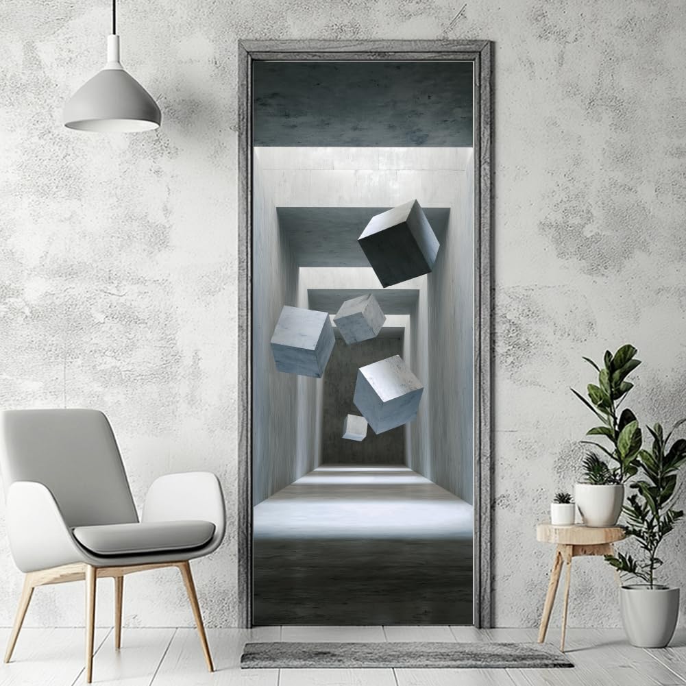 arricraft 2 Pcs 3D Self-Adhesive Door Sticker, 31.5"x78.7" A Cube in Concrete Decorations Door Murals Stickers PVC Removable Wallpaper Decoration for Bedrooms Living Room