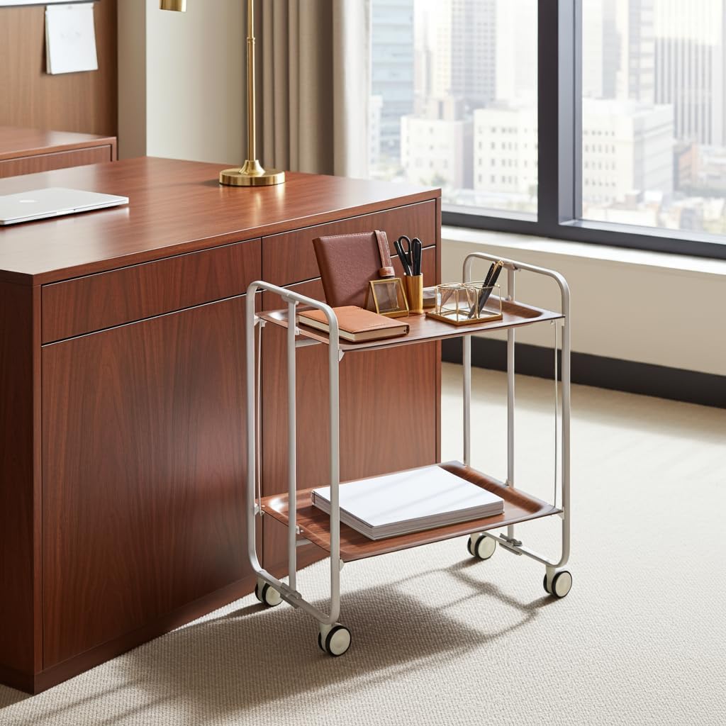 DON HIERRO Bauhaus Folding Bar & Kitchen Cart – 2-Tier Rolling Serving Cart with Wheels, Grey Frame and Cedar Finish Shelves – Modern Utility Trolley