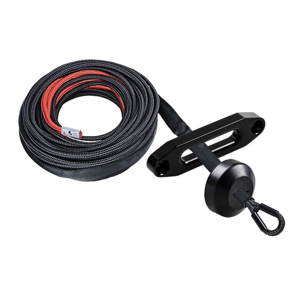 50 ft x 1/4'' Durable Synthetic Winch Rope Cable 7000LBS 40'' Red Heat Guard & Black Rock Guard + Winch Stopper + 4 4/5'' Black Hawse Fairlead Off-Road SUV ATV KFI