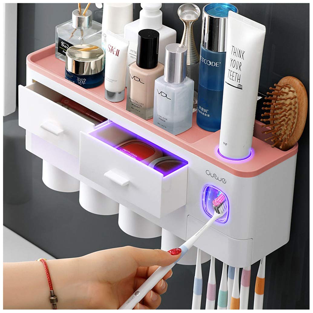 歯ブラシスタンド 歯磨きコップ ホルダー 歯ブラシ 収納ラック マグネット掛け式 自動歯磨き粉ディスペンサー 歯磨きコップホルダー コップスタンド  歯ブラシ立て 壁掛け 置き型 バスルーム 洗面台 多機能収納ケース 家族用 (4 Cups,Pink)