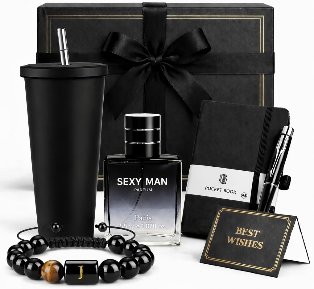 Luxury Gifts for Men Gift Set, 7PCS Birthday Gift Box for Him Includes Men’s Fragrance, Tumbler with Straw, Bracelet, Notebook, Pen & Greeting Card, Premium Black Gift Set for Husband Boyfriend Dad
