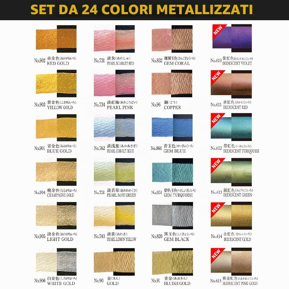 Kuretake GANSAI TAMBI Watercolor Paint Set 24 Glittery Colors II - Metallic, Professional Quality Art supplies for artists adult painting aketching, non toxic, Made in Japan, MC20/24V/NW3