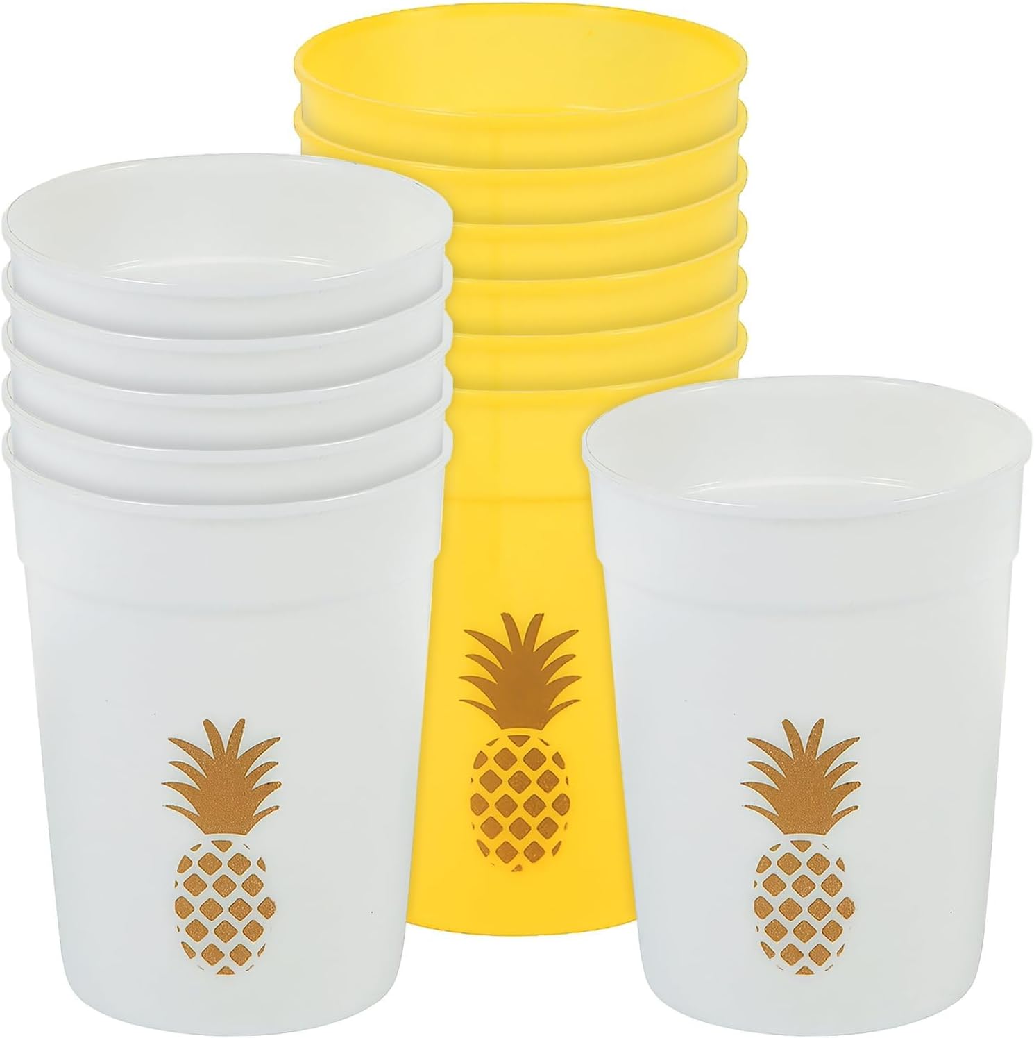 Fun Express Set of 12 Pieces Pineapple Plastic Party Cups, Each holds 12 oz, BPA Free Plastic, Luau, Tiki and Tropical Party Supplies, White & Gold