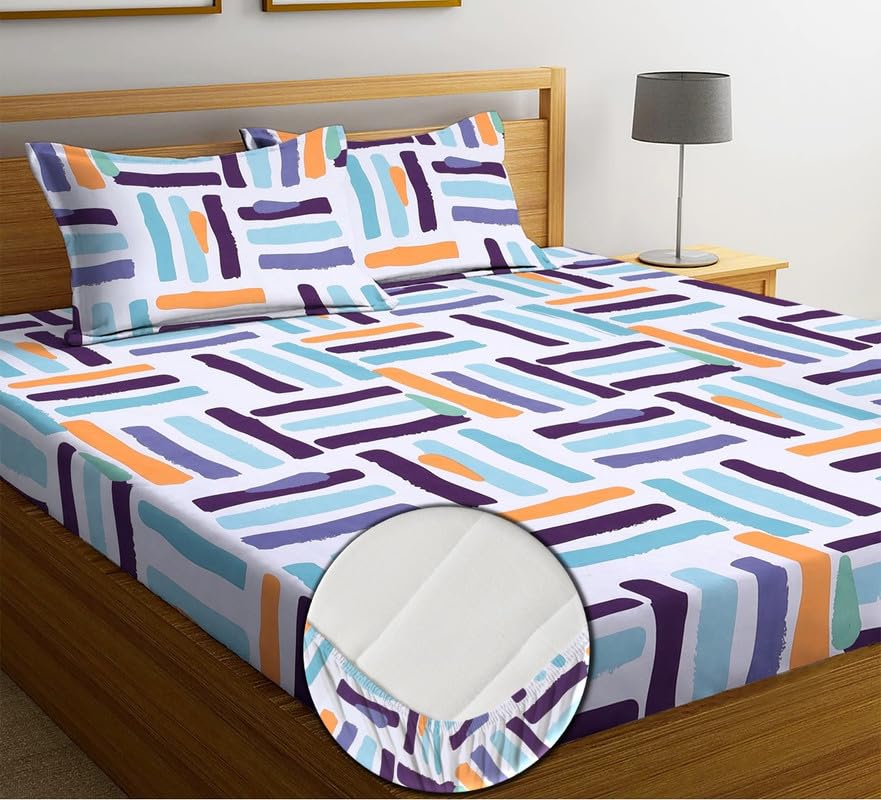 TARAIN COLLECTION Cotton Perfect Fitted Bedsheets with 2 Pillow Covers King Size| Double Bed with All Around Elastic 180 TC Size-78" x 72" +10" Stick Print (Multicolour, Purple & White) (B0CBQLF19W) Amazon Price History, Amazon Price Tracker