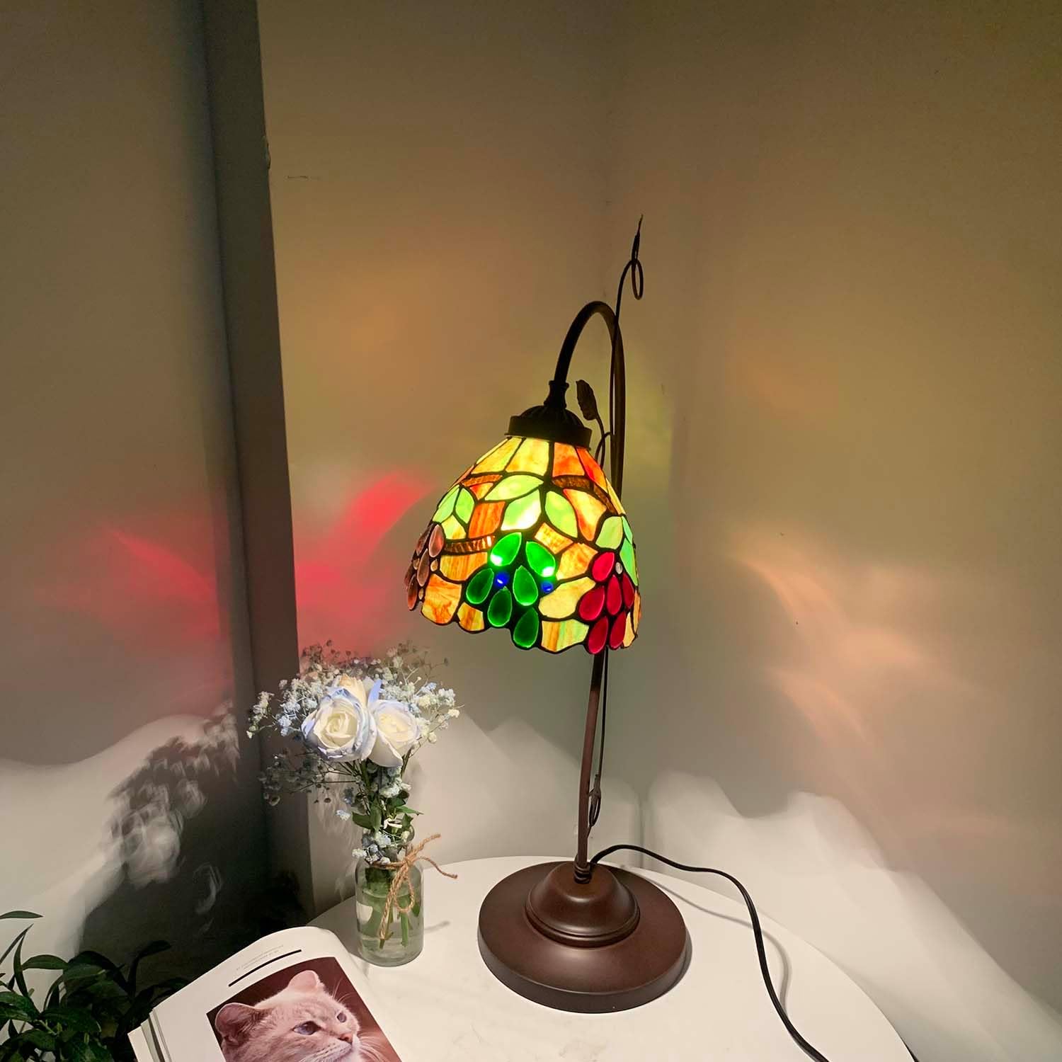 Bieye L10763 Grape Tiffany Style Stained Glass Table Lamp with Grapevine Decorated Base, 28.5 inches Tall