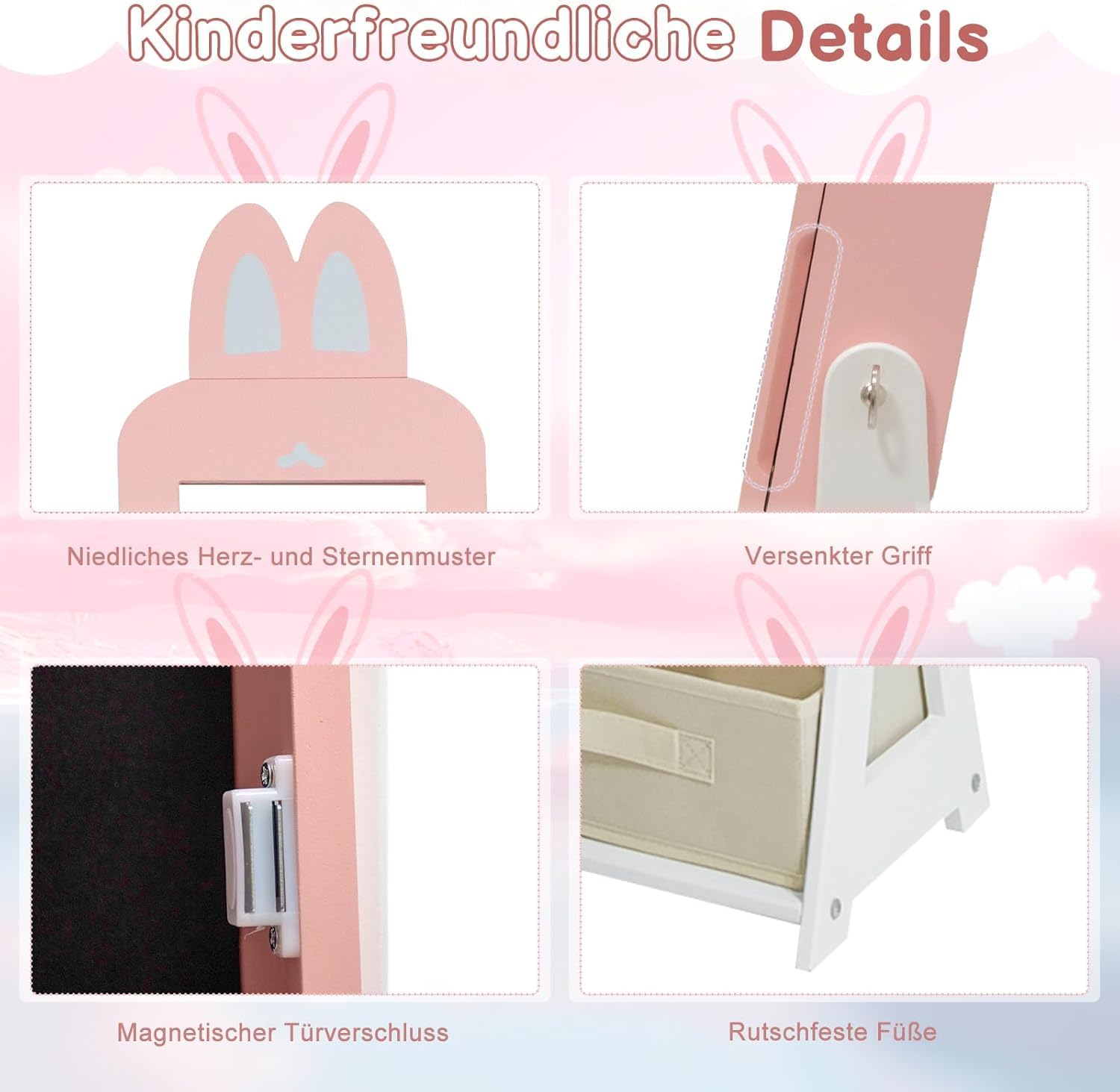 LEADZM Kinder Schmuckschrank mit Spiegel，Schmuckschrank Hängend， 3-in-1 Spiegelschrank mit Ganzkörperspiegel & Aufbewahrungskorb，Für Kinderzimmer Geeignet，Hasenstil，für Kinder ab 3 Jahren（Rosa）
