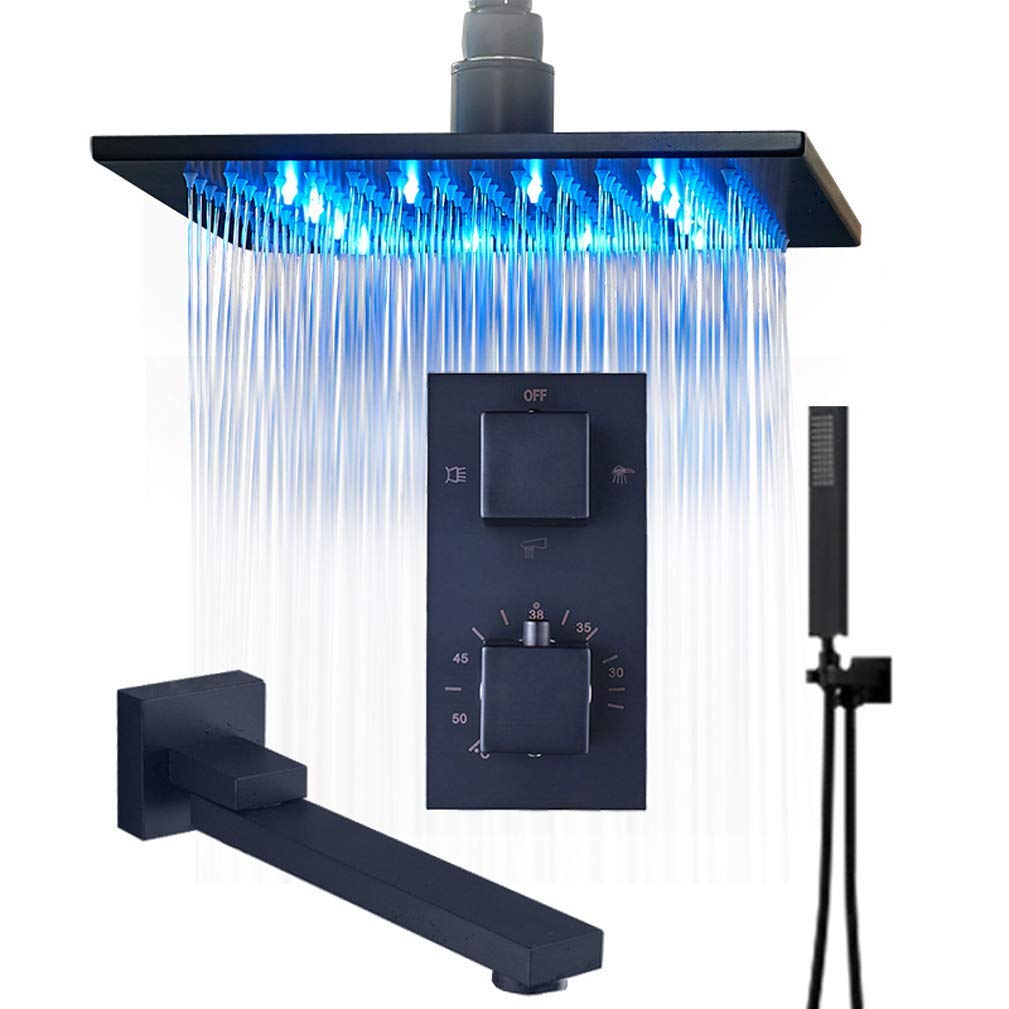 Sistema de ducha, grifo de ducha de baño oculto, termostático LED, juego de grifos de baño de latón superior con boquilla giratoria, juego de ducha de lujo de bronce frotado con aceite, 10 pulgadas