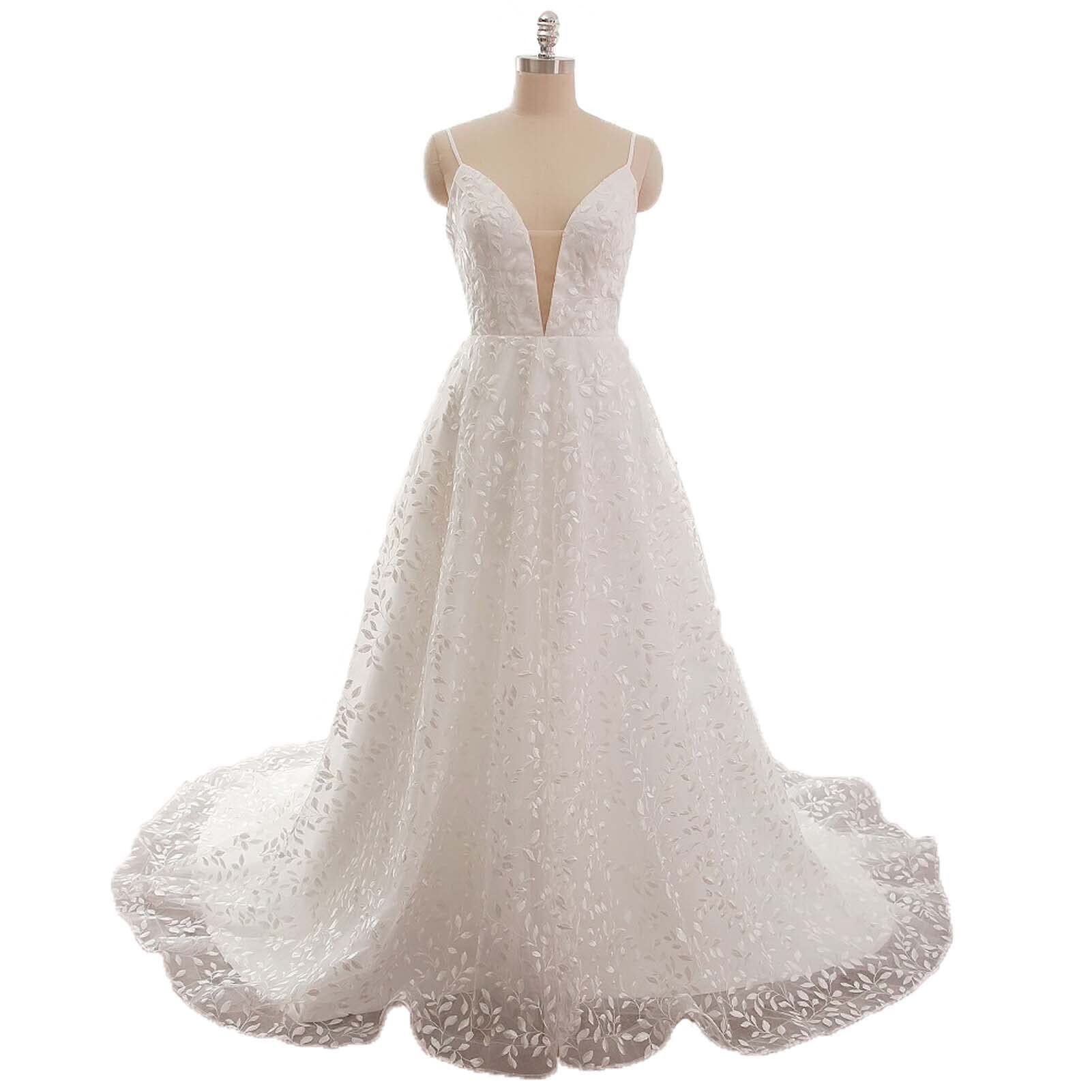 Dentelle Robe de Mariée Floral Motif Robe de Mariée Double Col en v Robe de Soirée Robe de Réception de Mariage, Blanc, 16