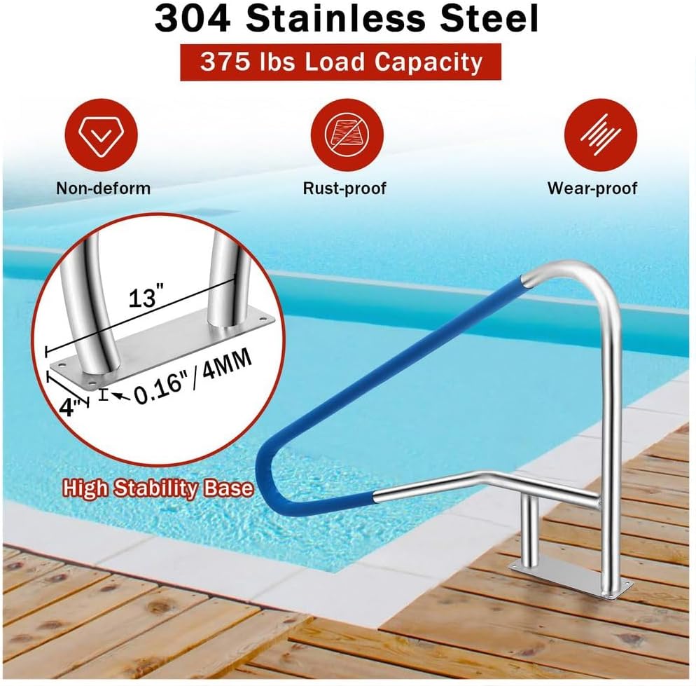 Pool Handrail, 55"x32" Pool Railings for Inground Pools, Swimming Pool Safety Handrails 375lbs Load Capacity, 304 Stainless Steel Pool Stair Rail with Grip Cover, Quick Mount Base Plate