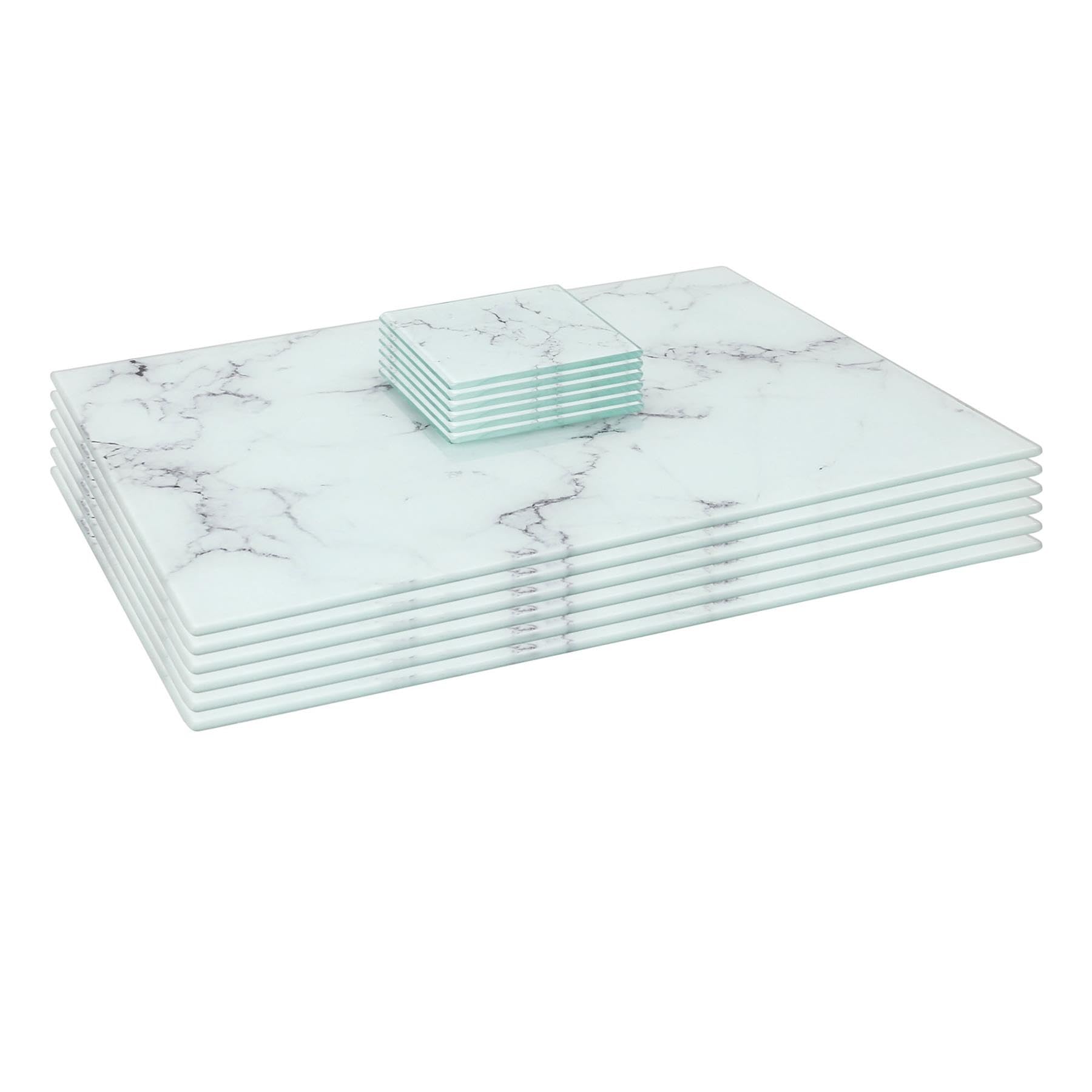 Harbour Housewares Rectangle Glass Placemats & Square Coasters Set - 40cm x 30cm - Marble - 12pc Heat-Resistant Non-Slip Rectangle Home Kitchen Dining Table Dinner Plate Place Mat Mats Set