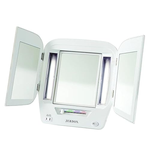 Jerdon JGL10W Euro Espejo de 3 paneles iluminado con aumento de 5X 4 configuraciones de luces acabado blanco