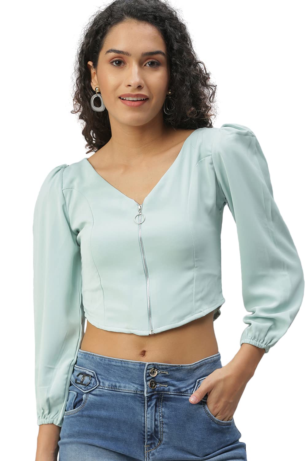 SHOWOFF Women's V-Neck Solid Sea Green Crop Top_AE-10313_Seagreen-image-9