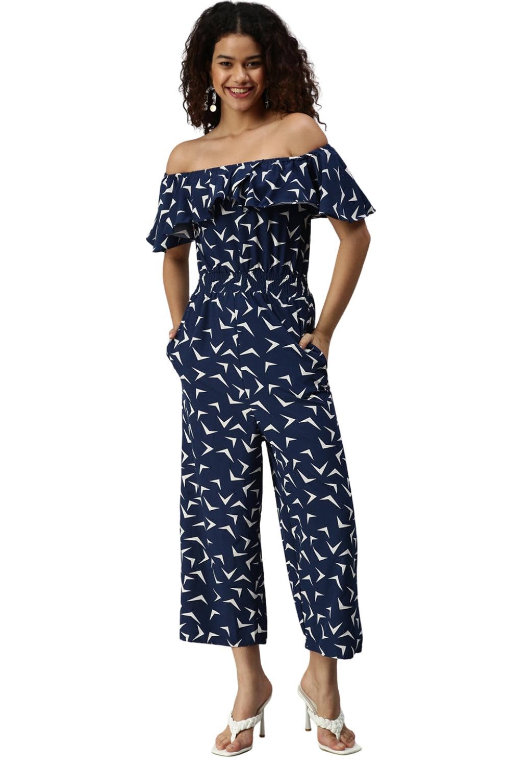 Women Printed Basic Jumpsuit | Boat Neck Half Sleeves Crepe Jumpsuit for Womens | Taupe Regular Fit Regular Length Jumpsuit for Women's-image-25