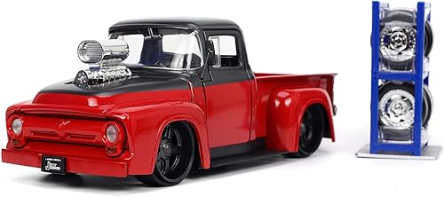 Jada Toys Just Trucks 1:24 1956 Ford F-100 Pickup Truck rojo/gris oscuro con estante para neumáticos