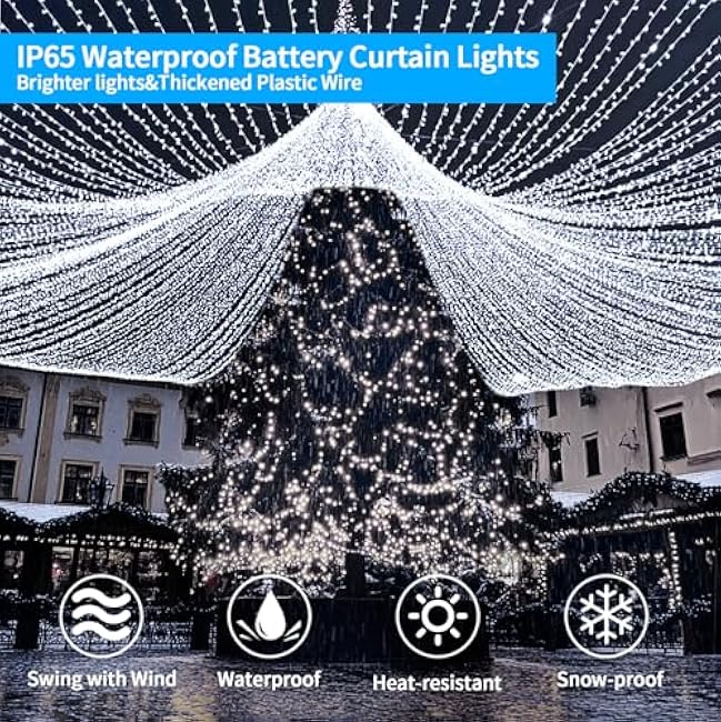 Curtain Lights Battery Powered 10*10Ft 300LED Waterproof Waterfall Light with 8 Modes Remote Dimmable Timer Memory Twinkle Fairy String Lights for Indoor Outdoor Gazebo Wedding Party Pergola Christmas