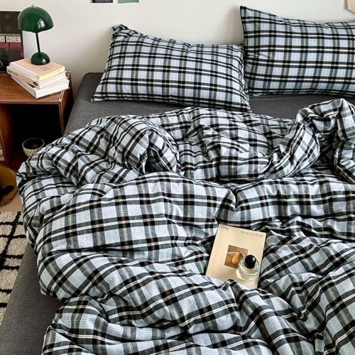 Image of EAVD Vintage Light Blue Grey Buffalo Plaid Duvet Cover Full Soft Washed Cotton Gingham Bedding Set with Grid Checkered Pattern Farmhouse Geometric Duvet Cover with 2 Pillowcases for Boys Men Women