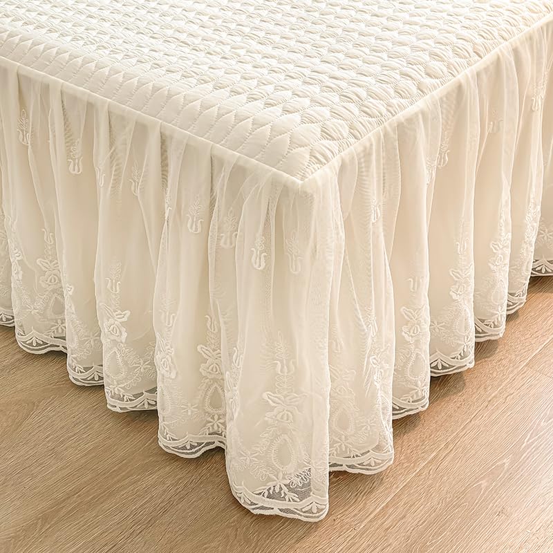 Copriletto trapuntato in cotone lavabile con gonna in pizzo volant 200 x 220 x 45 cm, Crema