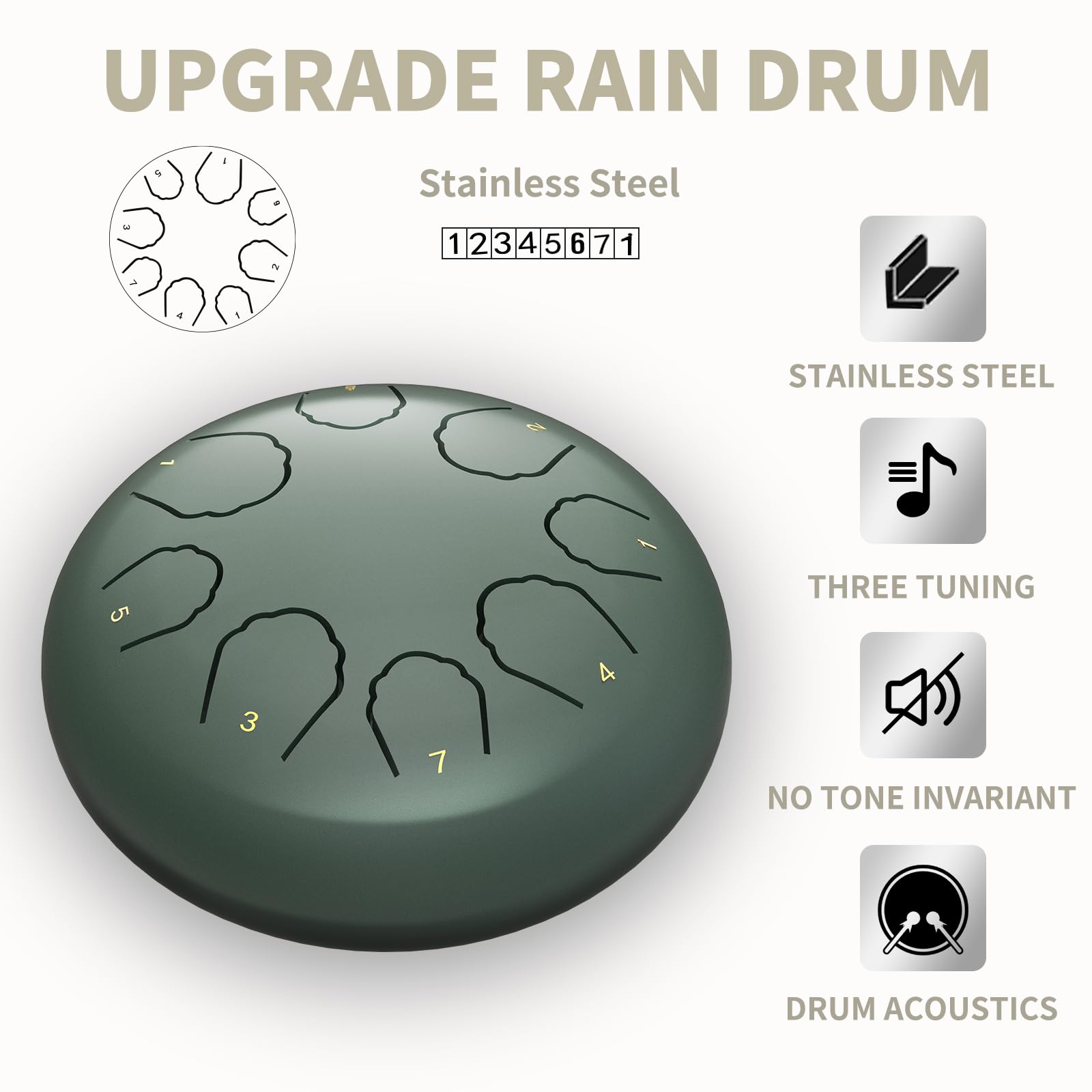 Tambor de Lluvia para Exteriores, 8 Notas, 6 Pulgadas, Tambor de lengüeta de Acero, carillón de Lluvia, Tambor de Chakras para Lluvia, Tambor de Lluvia para Exteriores Cuando llueve (Verde)