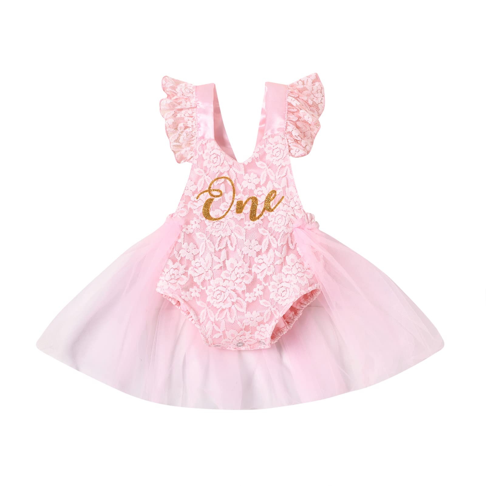 Floral Baby Girl 1st Birthday Romper Clothes Tulle Lace One Piece Romper Bodysuits Princess Dress First Birthday Party Clothes (6-9 Months, Pink)