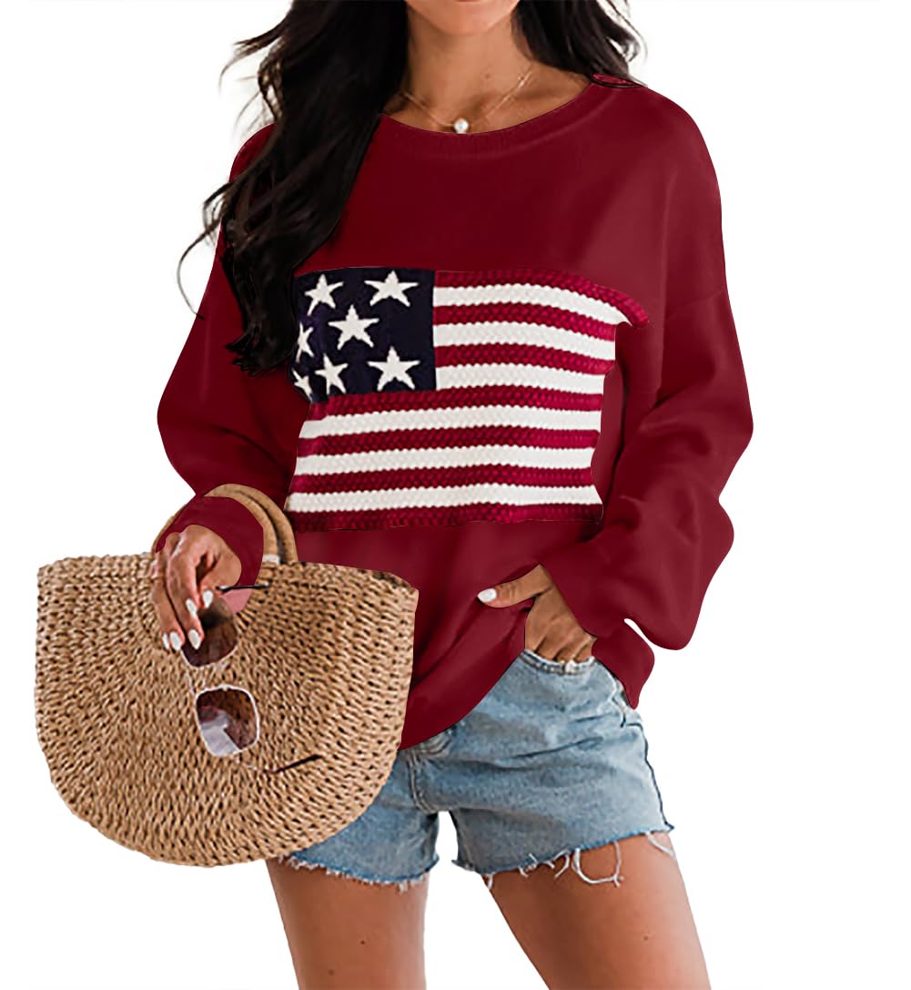 Dressmine Womens American Flag Sweater Knit Long Sleeve Crew Neck Graphic Elegant Soft Loose Pullover