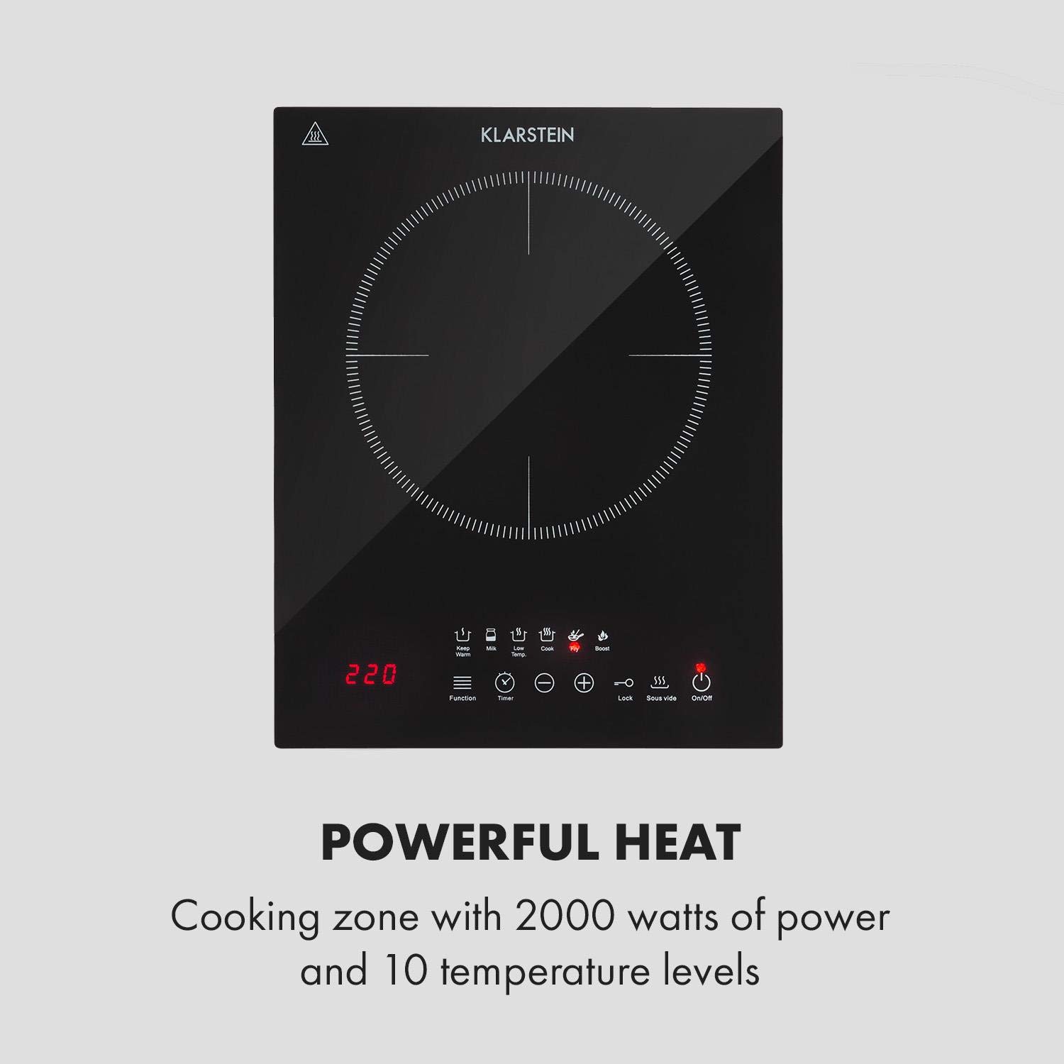 Klarstein Cook n Roll - Placa de inducción, 2000 W, 6 programas de cocción, 10 niveles de temperatura, 40-160 °C, Función Sous-vide, Apagado automático, Control táctil, Pantalla LED, Termómetro, Negro