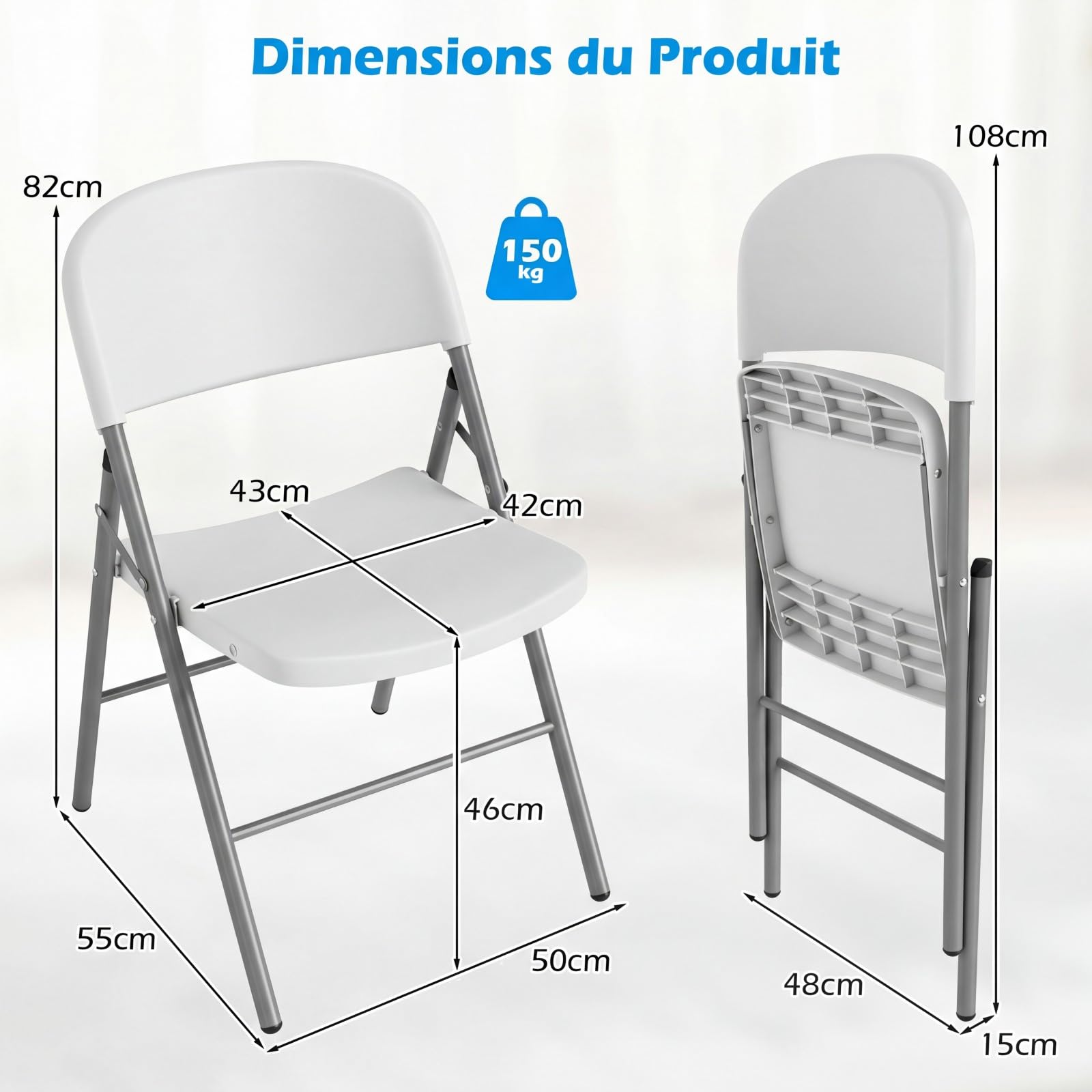 COSTWAY Chaises Pliantes Interieures en Plastique Lot de 6, Cadre Métal Robuste, Chaises Bureau Confortable pour Salle à Manger, Réception, Extérieur, Charge 150 KG (Blanc)