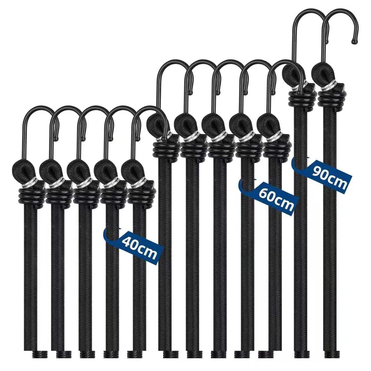 12pc Bungee Cord Assortment Set with Metal Hooks, Mixed Lengths Multi-Size Elastic Straps, 35KG High Tension Tie Downs for Tents, Moving, Tarps, Bicycle & Cargo Management