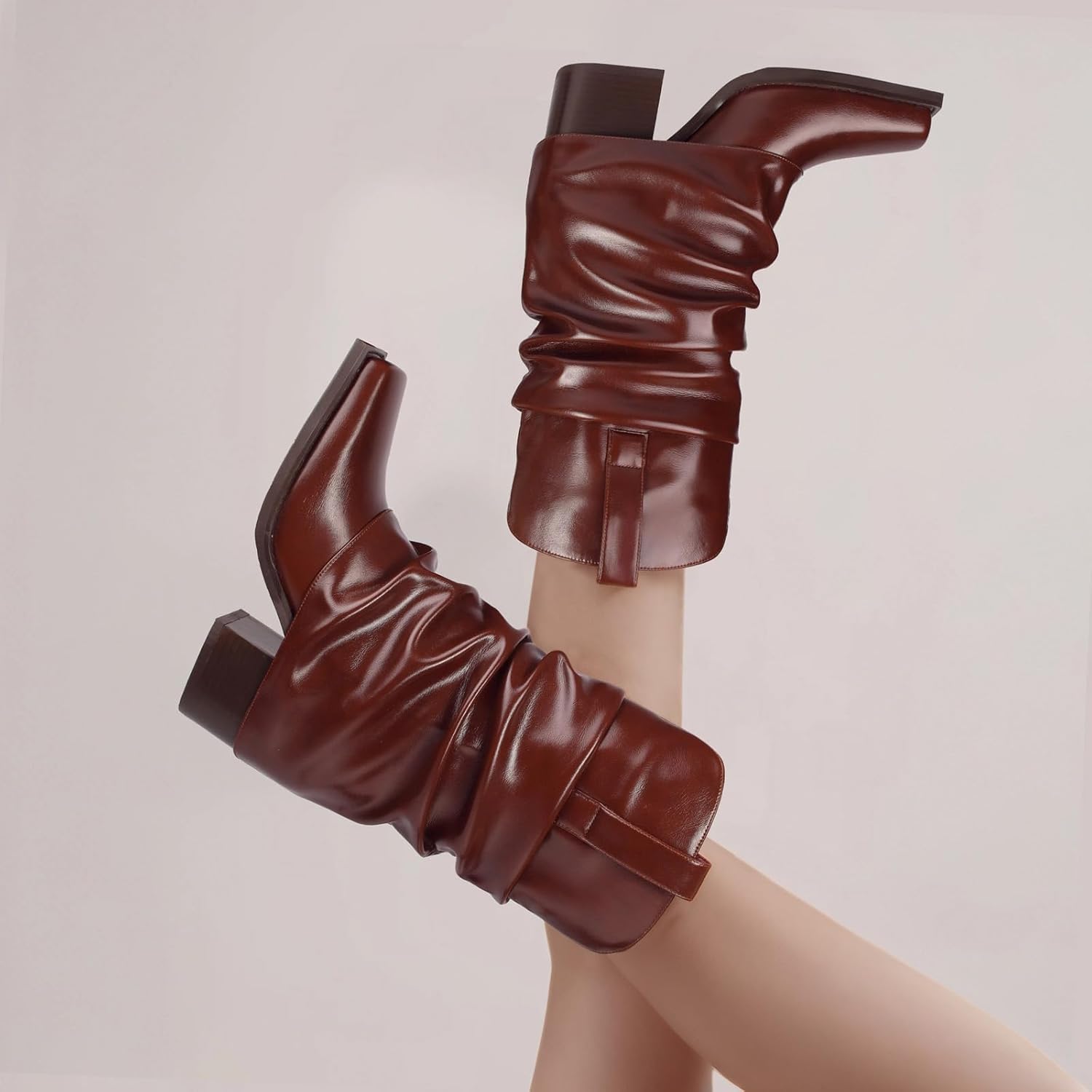 Cowboy Boots for Women Cowgirl Mid Calf Square Toe Fold Over Chunky... - Picture 29 of 56