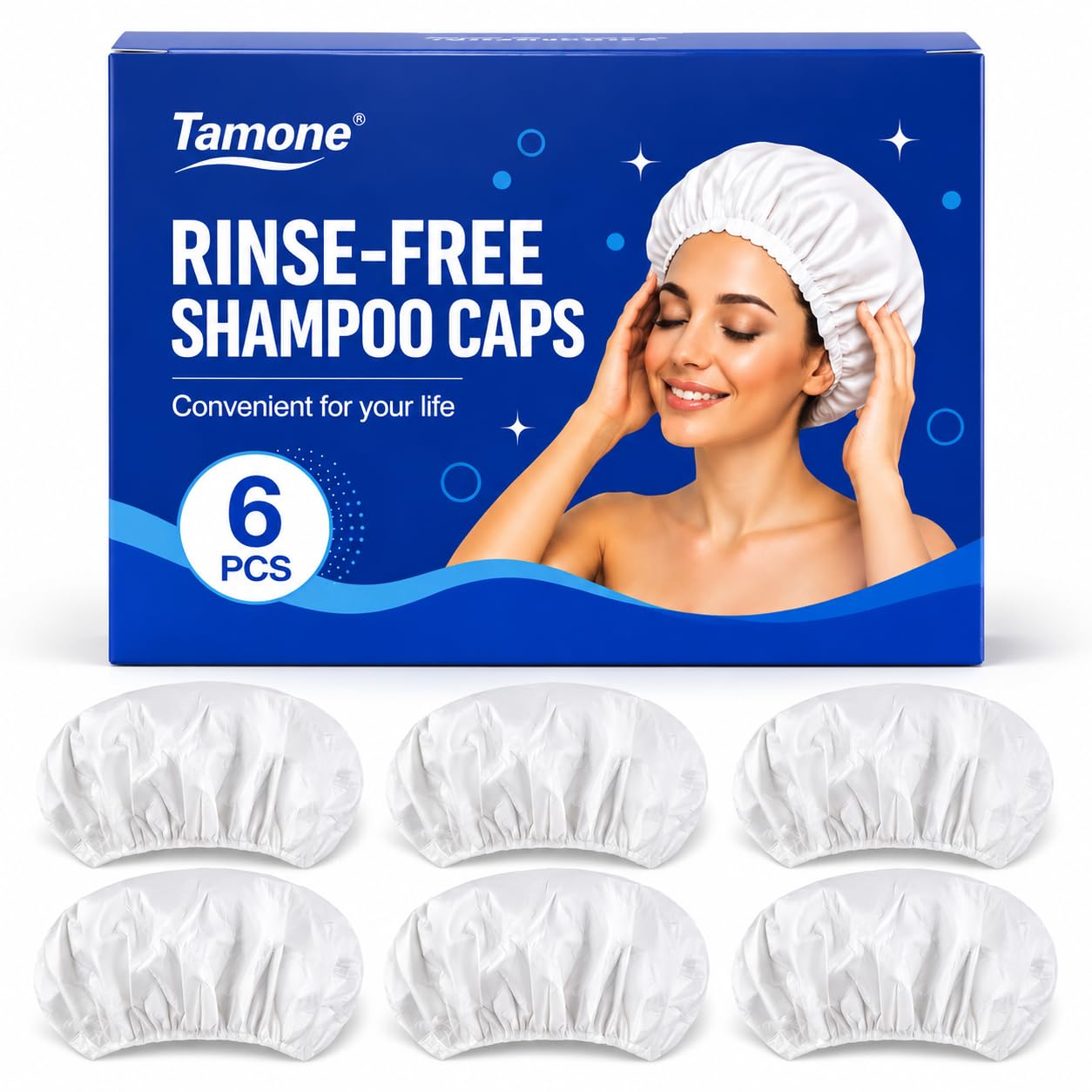 Tamone 6PACK Shampoo Caps No Rinse for Elderly and Bedridden Patients, No Rinse Shampoo Caps for Home, Nursing Home, Outdoor Travel Waterless Hair Washing Shower Cap Microwavable, Gentle, Disposables