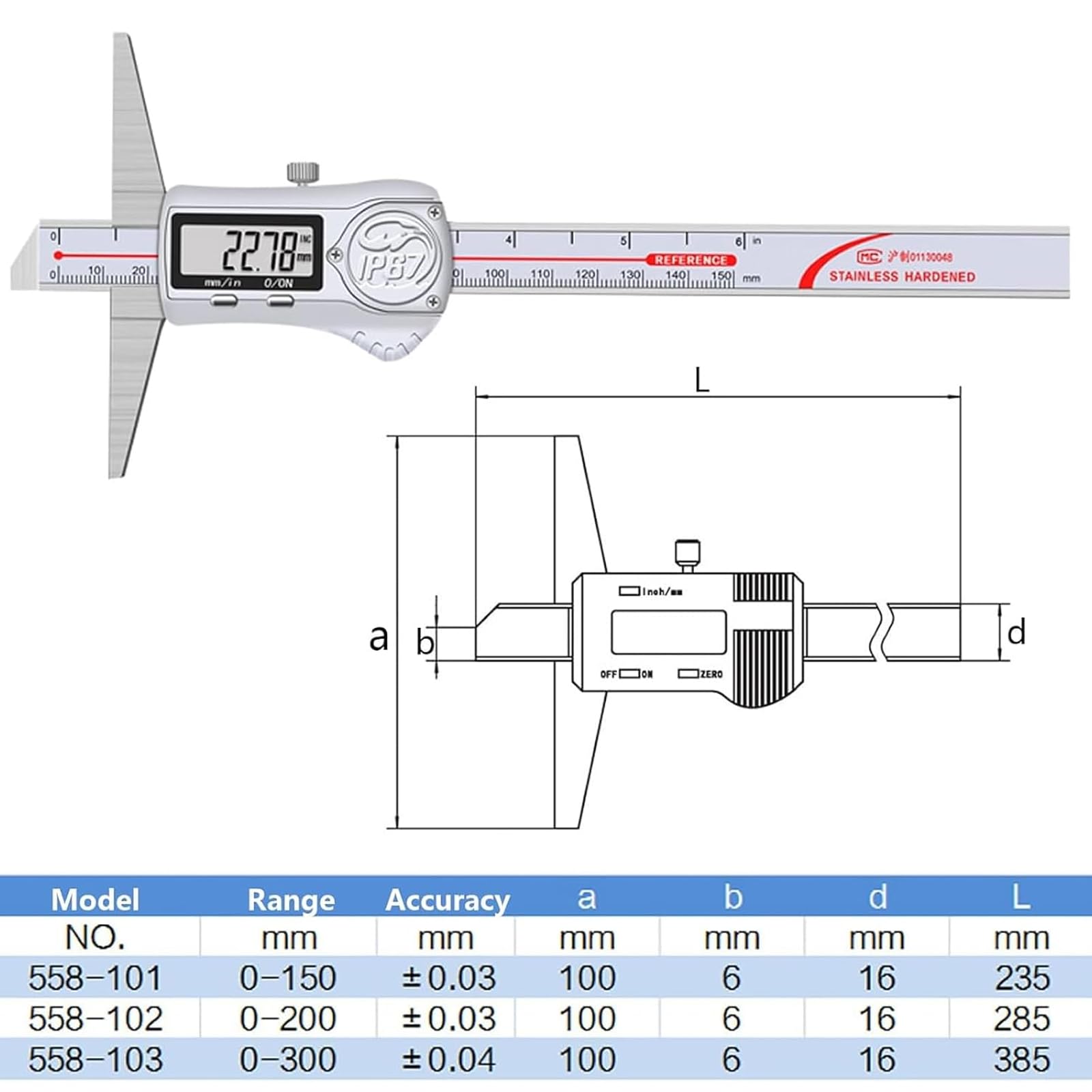 Digital Tiefenmessschieber 0-150 mm mit Schutzart IP67, 0,01 mm hochgenauer Edelstahl digitaler Tiefenmessschieber mit mm/Zoll-Messsystem, Tiefenmess-Messsc (0-200 mm)