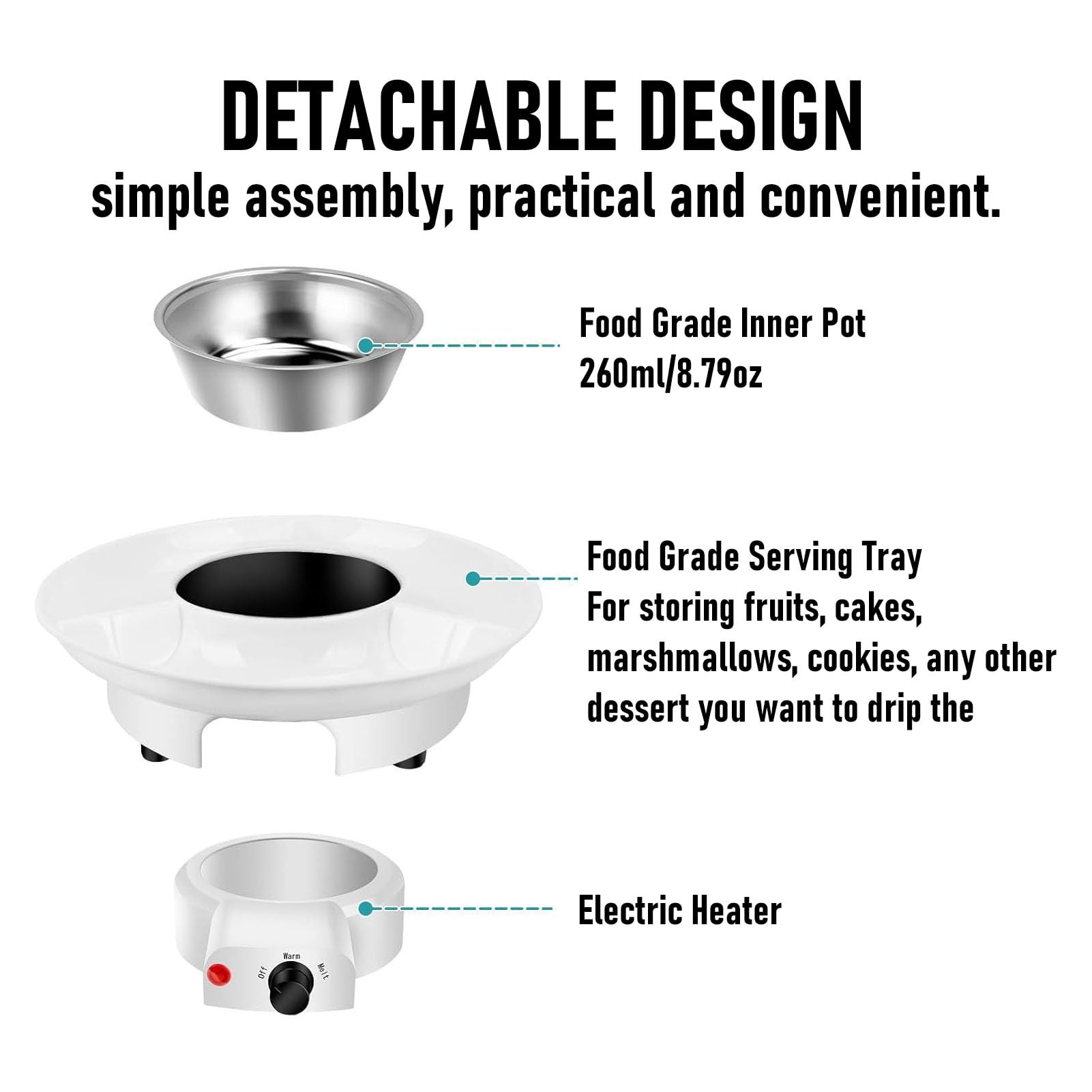 Elektrisches Schokoladenfondue Set 25W Schmelztopf mit 3-teiligem Serviertablett und 10 Spießen