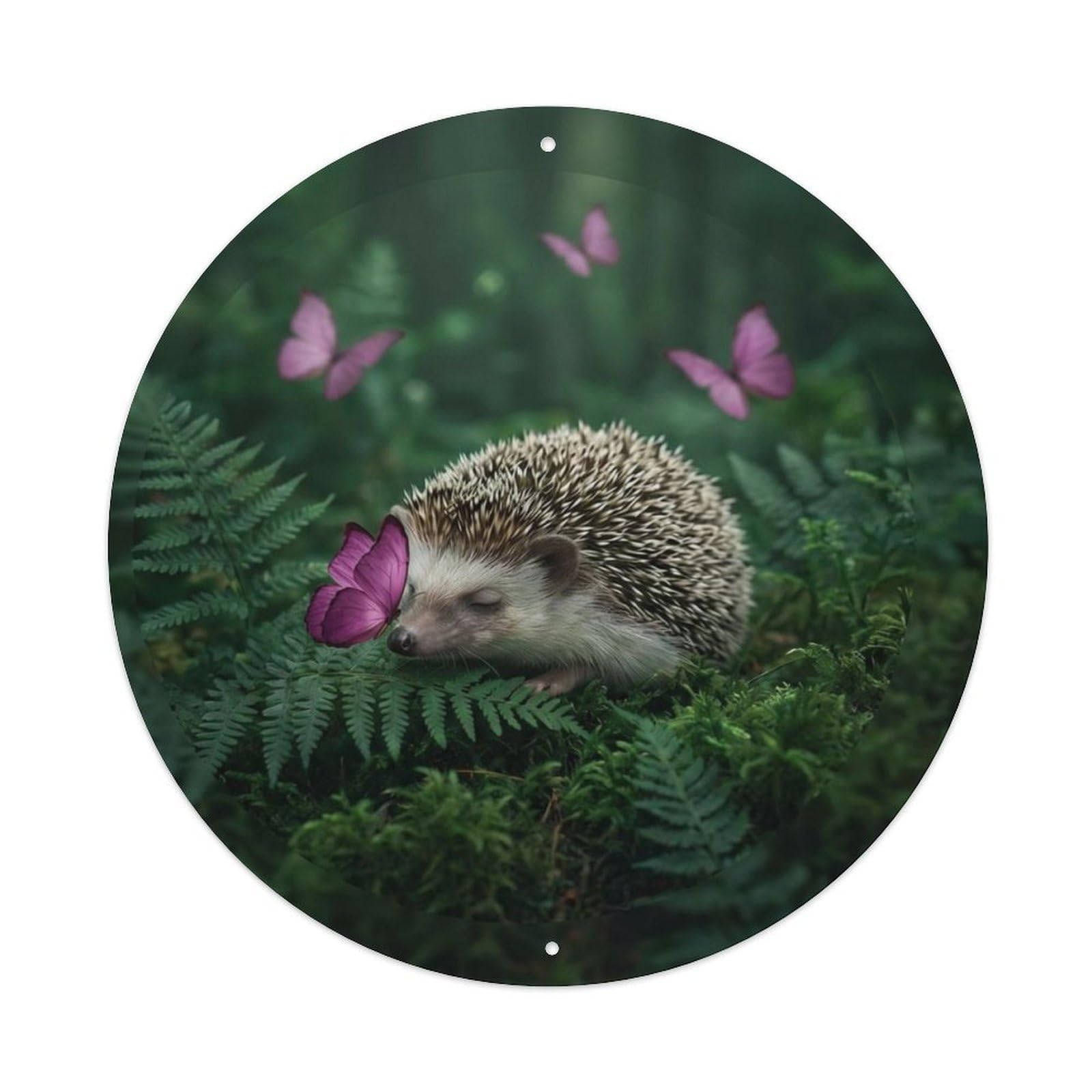 Magenta Butterfly Hedgehog Cute Animal Pastel Woodland Kawaii Metal Tin Sign Plaque Wall Decor for Cafe, Man Cave, Club Bar, Office, Home Garden Round Metal Poster 8x8Inch