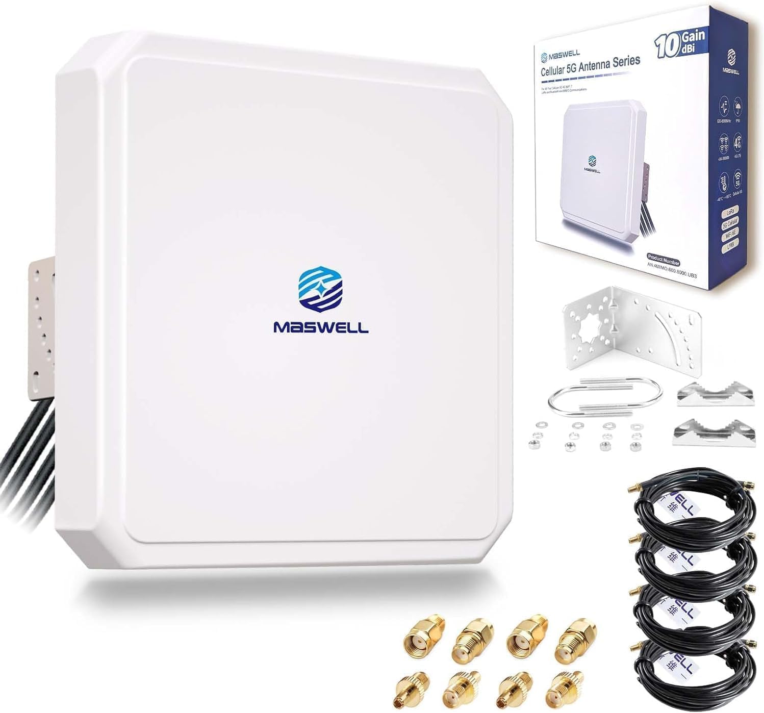 Maswell 4G LTE 5G Antenna, 10dBi High Gain 4X4 MIMO External Antenna, 600-8000MHz for 4G LTE 5G NR UWB Routers & Gateways for Vodafone O2 Three EE, WiFi 7 Ready, SMA-Male/TS9/RP-SMA (Full Kit)