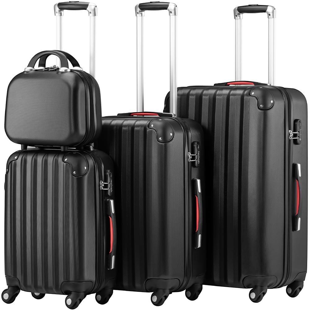 Set 3 Valigie Rigide in ABS, Valigia M-L-XL e Beauty Case, Manico Telescopico e Ruote Easy Roll, Lucchetto Serratura a Codice, Trolley Resistenti da Viaggio, Bagaglio a Mano (3 + 1 Nero)